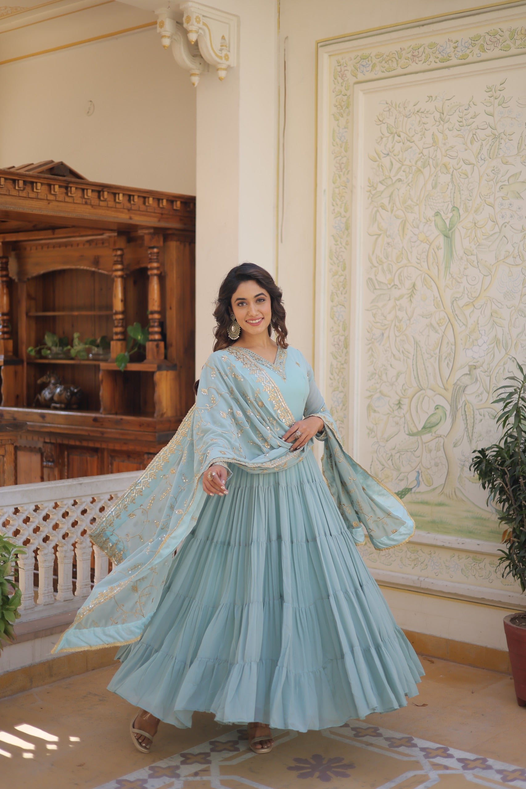 PARTY WEAR FLARED WOMEN EMBROIDERED GOWN WITH DUPATTA SET