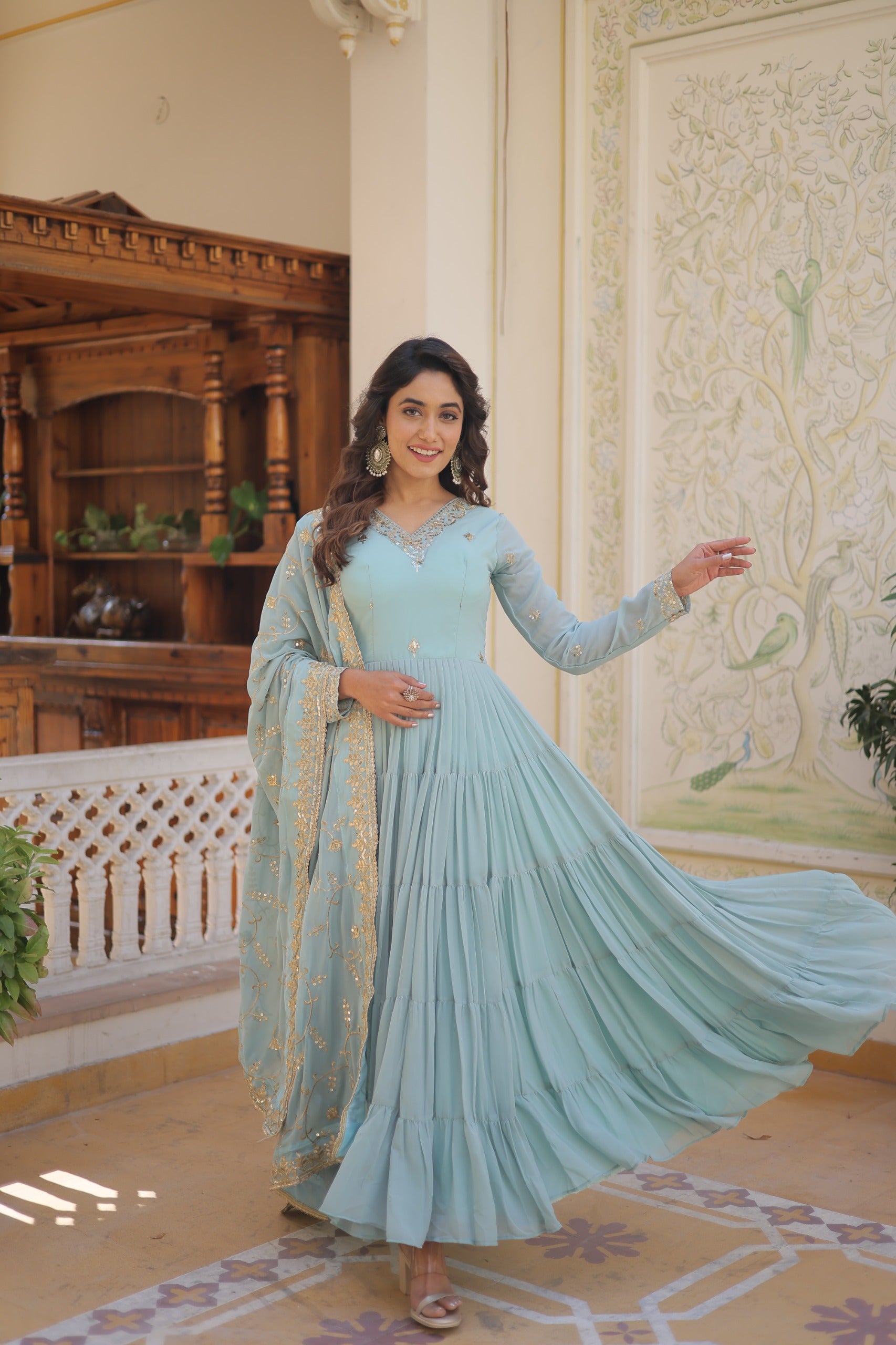 PARTY WEAR FLARED WOMEN EMBROIDERED GOWN WITH DUPATTA SET