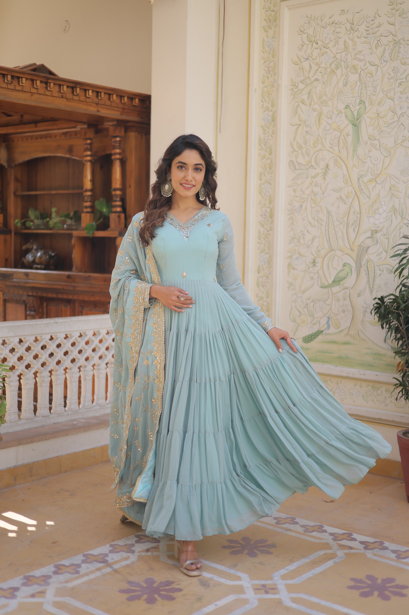 PARTY WEAR FLARED WOMEN EMBROIDERED GOWN WITH DUPATTA SET