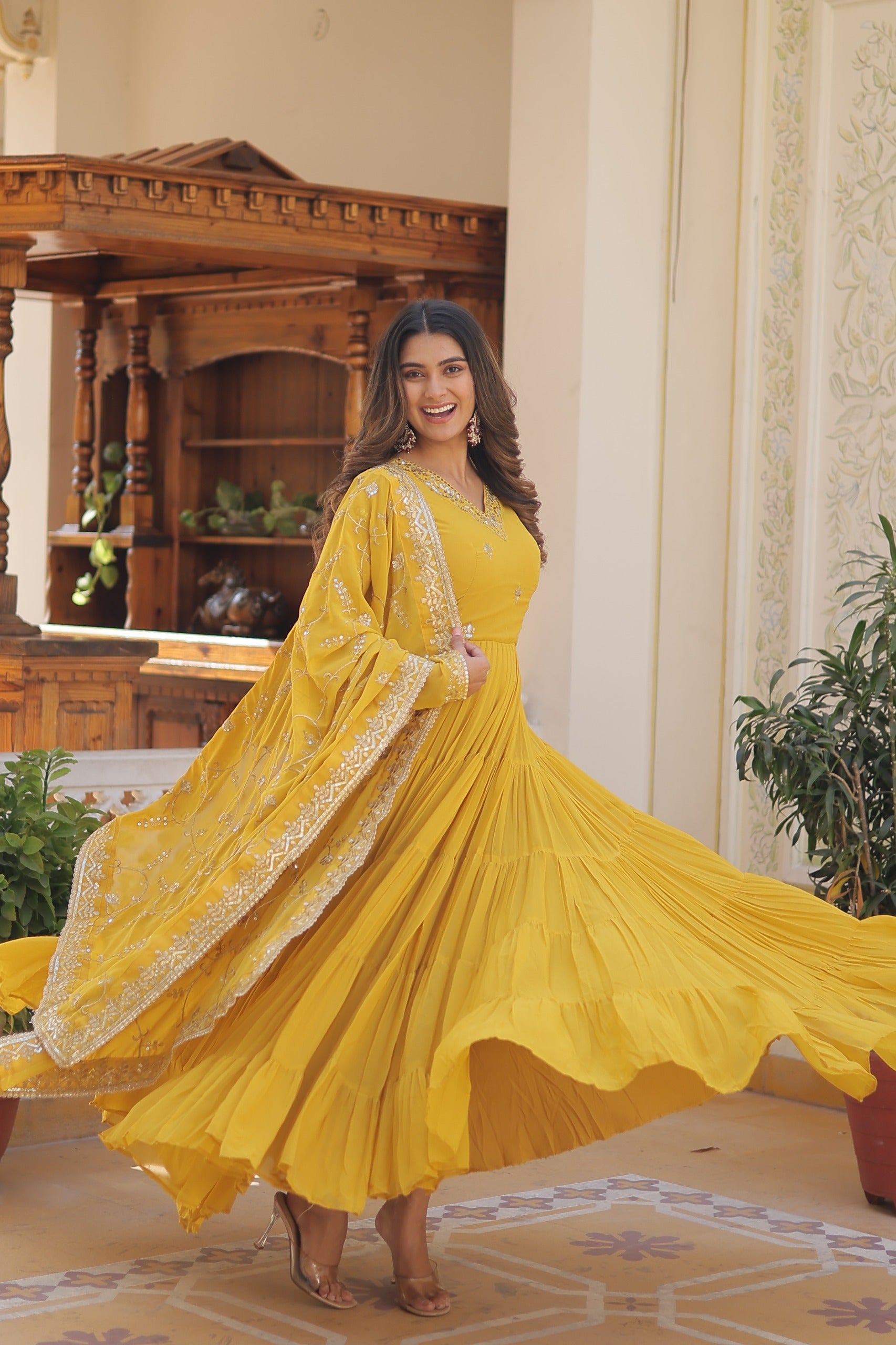 PARTY WEAR FLARED WOMEN EMBROIDERED GOWN WITH DUPATTA SET