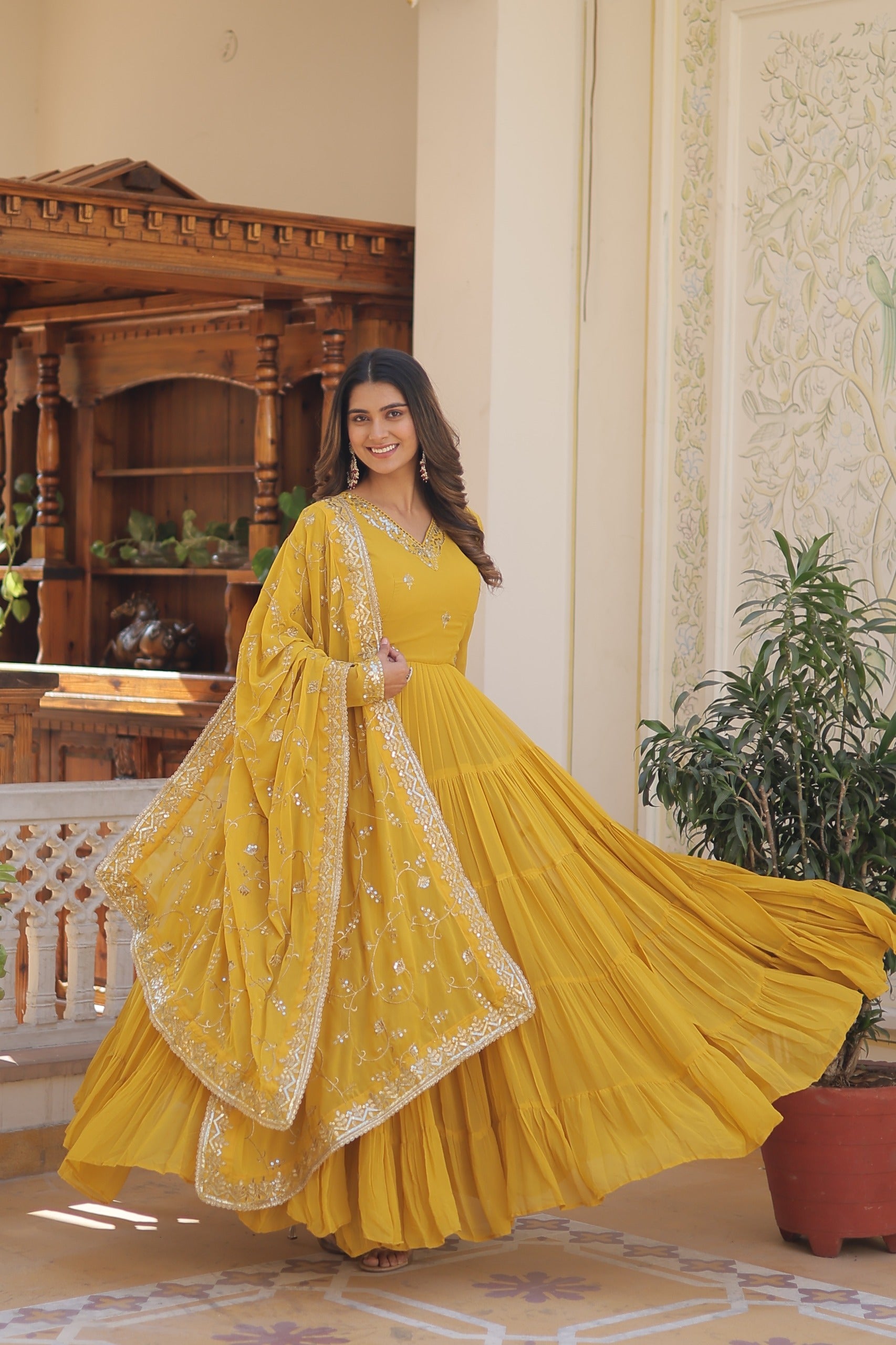 PARTY WEAR FLARED WOMEN EMBROIDERED GOWN WITH DUPATTA SET
