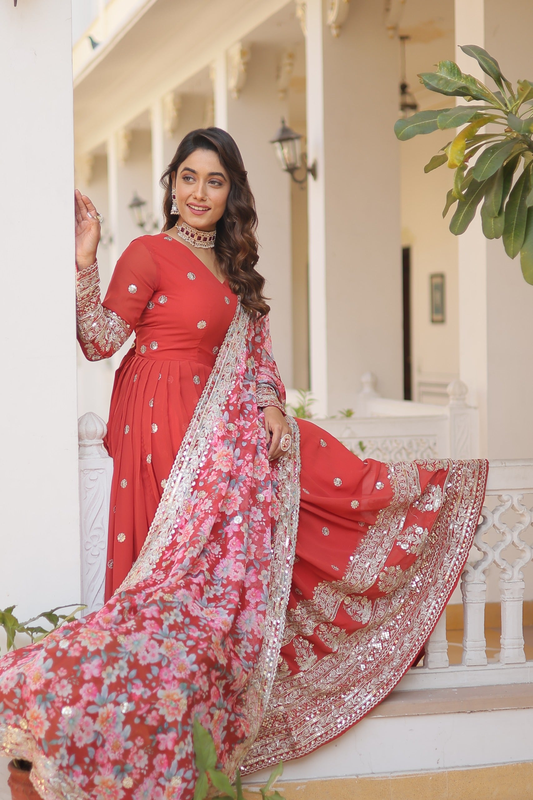 FESTIVAL READY MADE FLARED EMBROIDERED GOWN FOR WOMEN WITH PRINTED DUPATTA SET