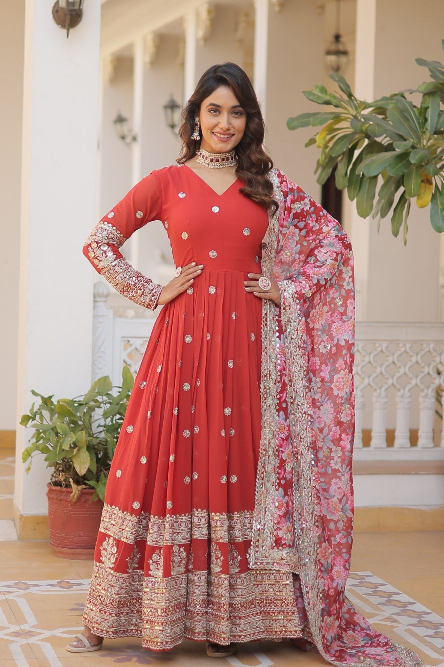 FESTIVAL READY MADE FLARED EMBROIDERED GOWN FOR WOMEN WITH PRINTED DUP