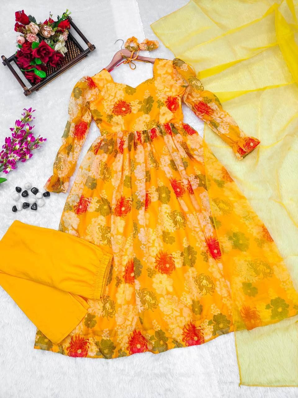 THIS STUNNING YELLOW ORGANZA FESTIVE WEAR SUIT!