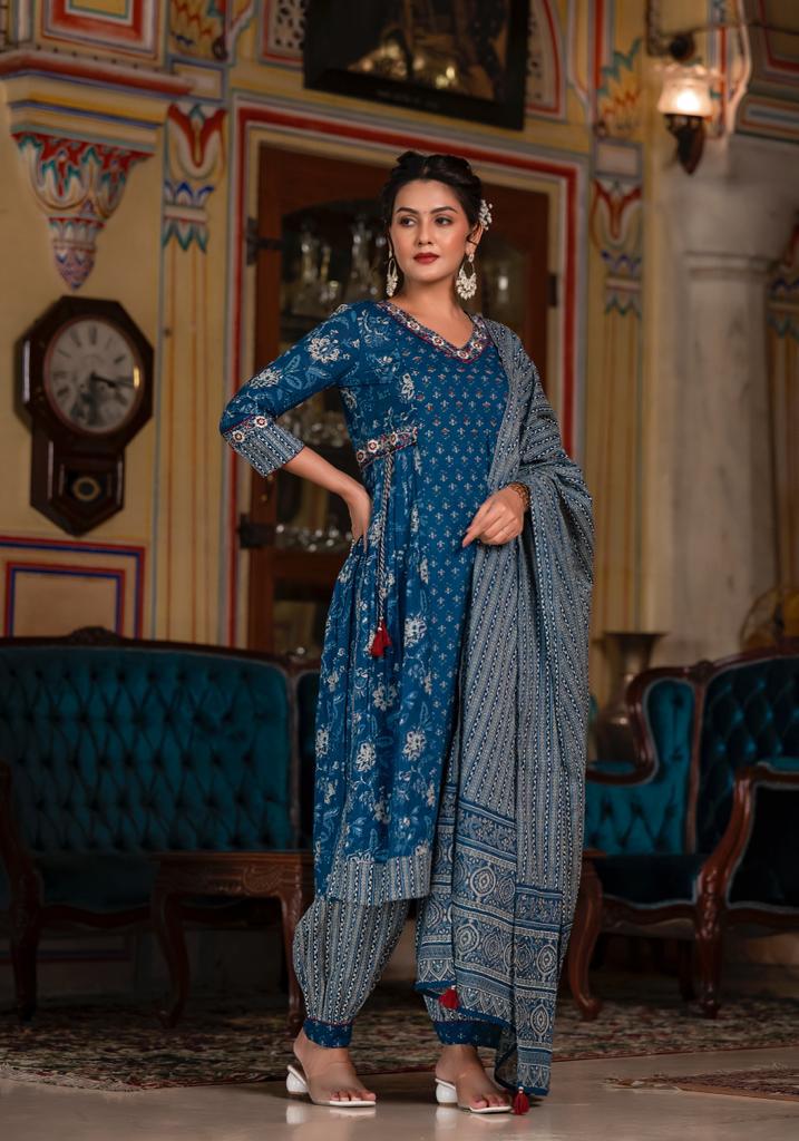 ELEGANCE AFGHANI NAVY BLUE FLORAL SUIT SET