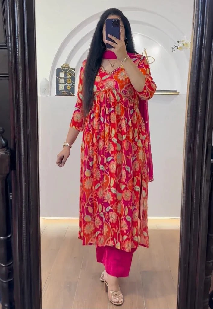 white christmas dresses Designer Flared Embroidered Alia Cut Kurta Dress with Embroidered Dupa main image 1