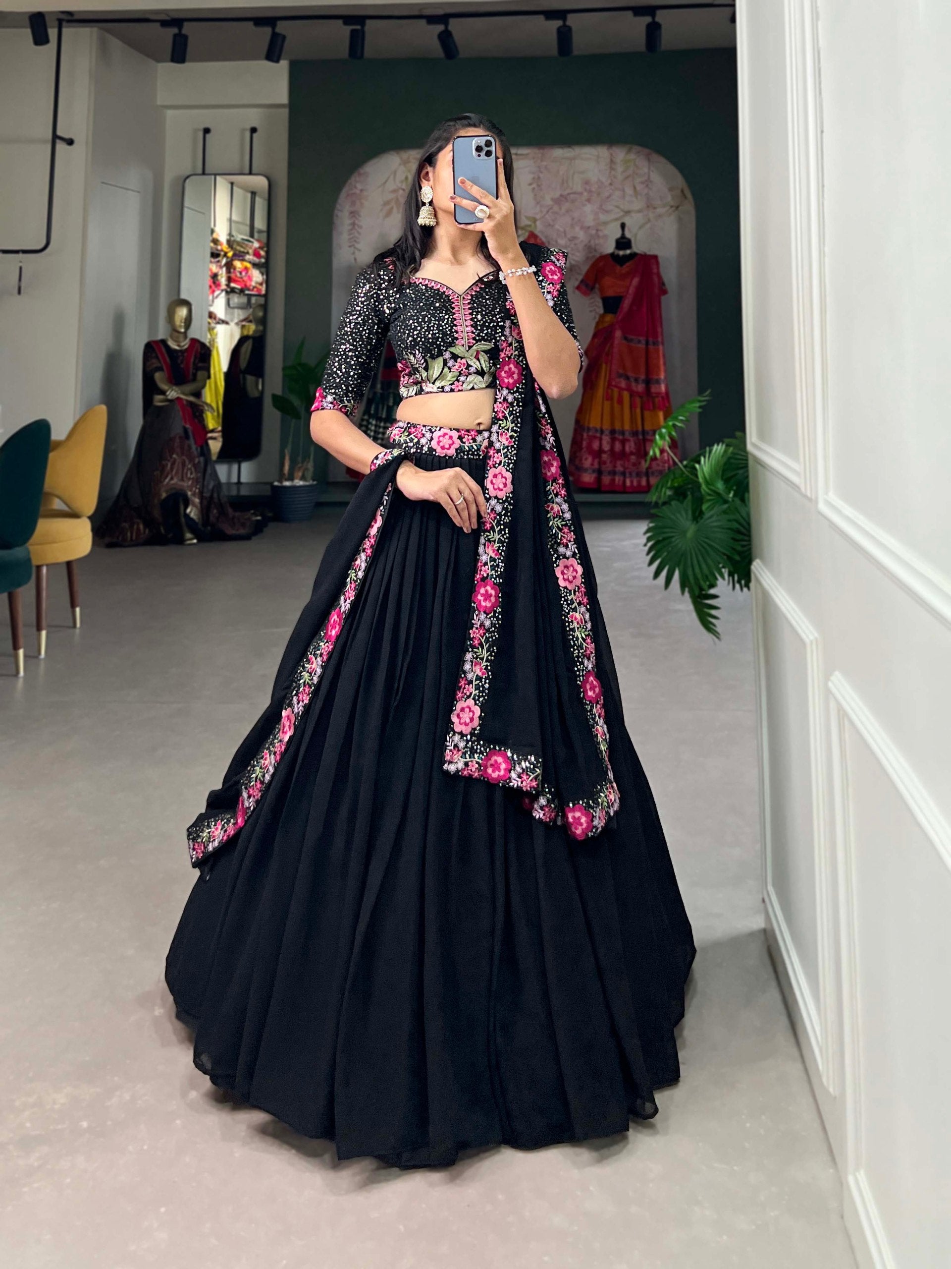 GEORGETTE LEHENGA SET WITH SEQUINS AND THREAD EMBROIDERY