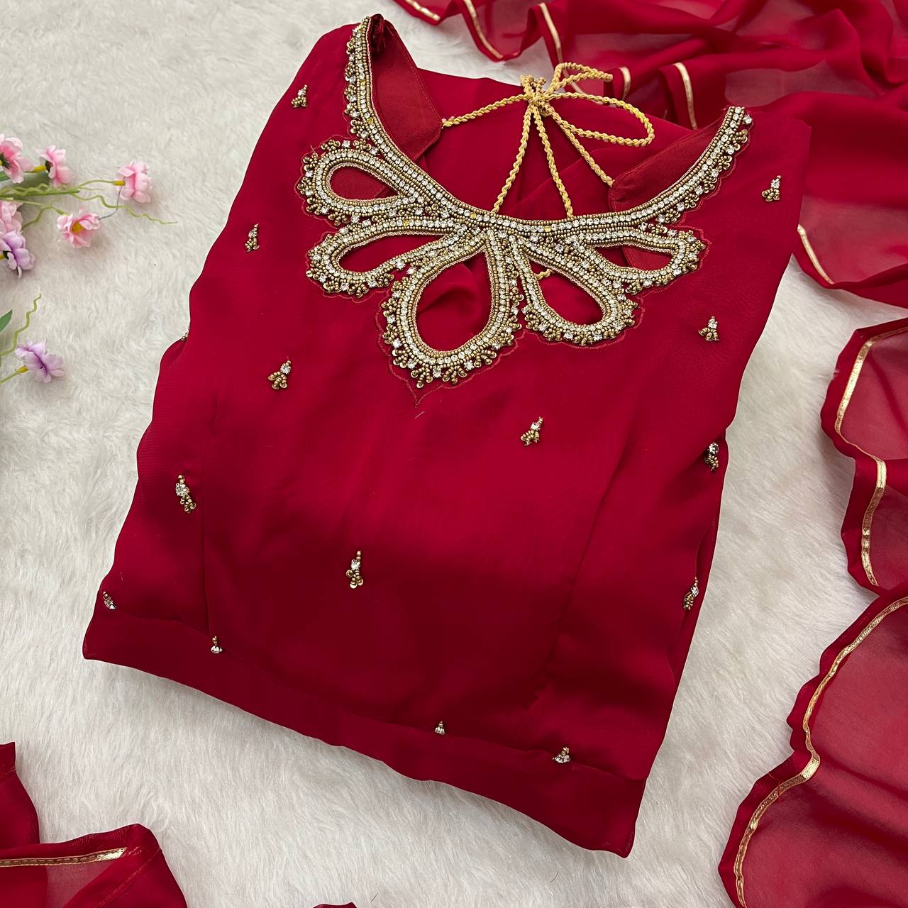 PARTY WEAR RED GOWM FOR WOMEN WITH DUPATTA