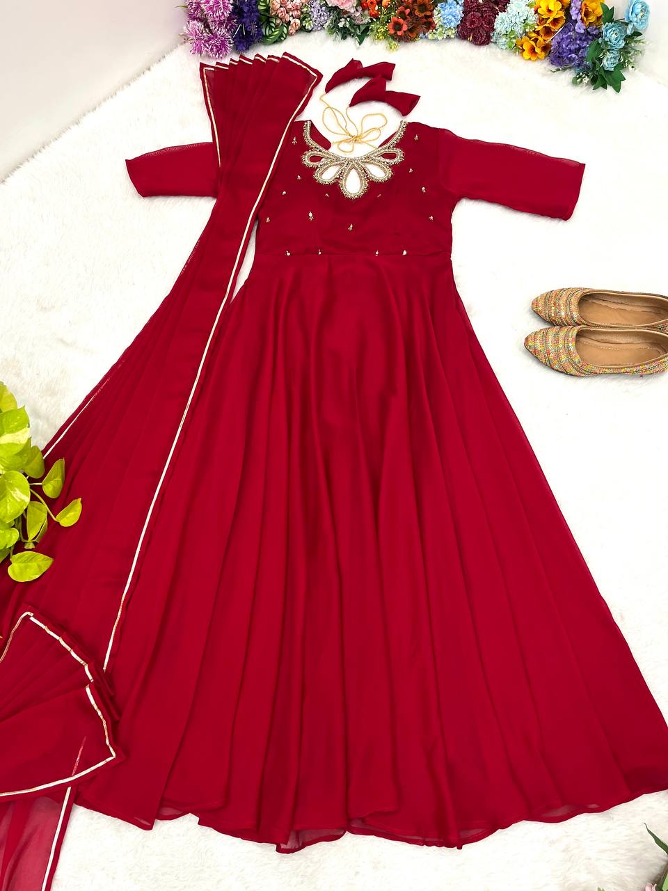 PARTY WEAR RED GOWM FOR WOMEN WITH DUPATTA
