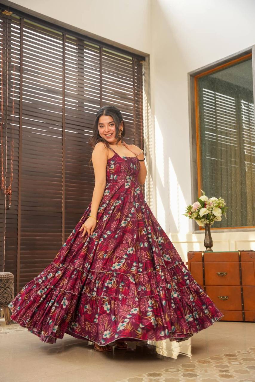 PARTY WEAR PRINTED GOWN FOR WOMEN WITH BACKLESS NECK STYLE PARTY WEAR PRINTED GOWN FOR WOMEN WITH BACKLESS NECK STYLE
