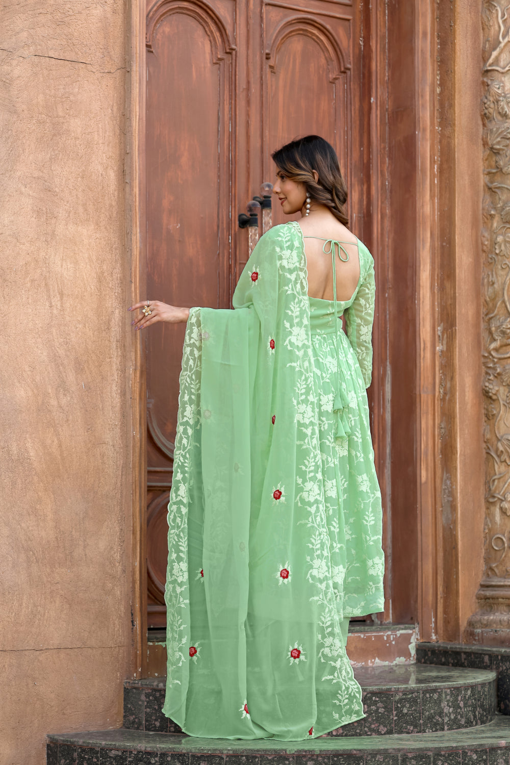 FLARED EMBROIDERED SUIT SET WITH DUPATTA AND PANT