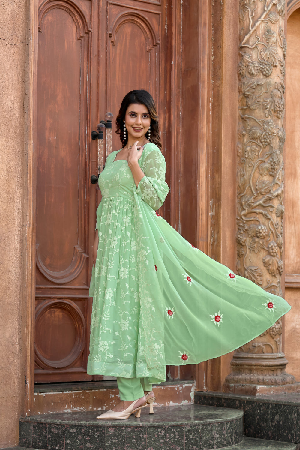 FLARED EMBROIDERED SUIT SET WITH DUPATTA AND PANT