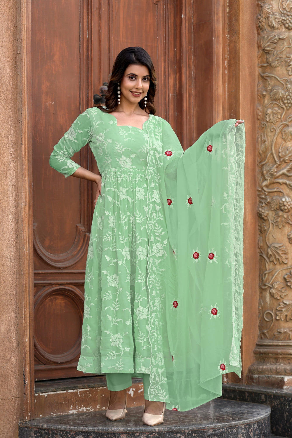 FLARED EMBROIDERED SUIT SET WITH DUPATTA AND PANT