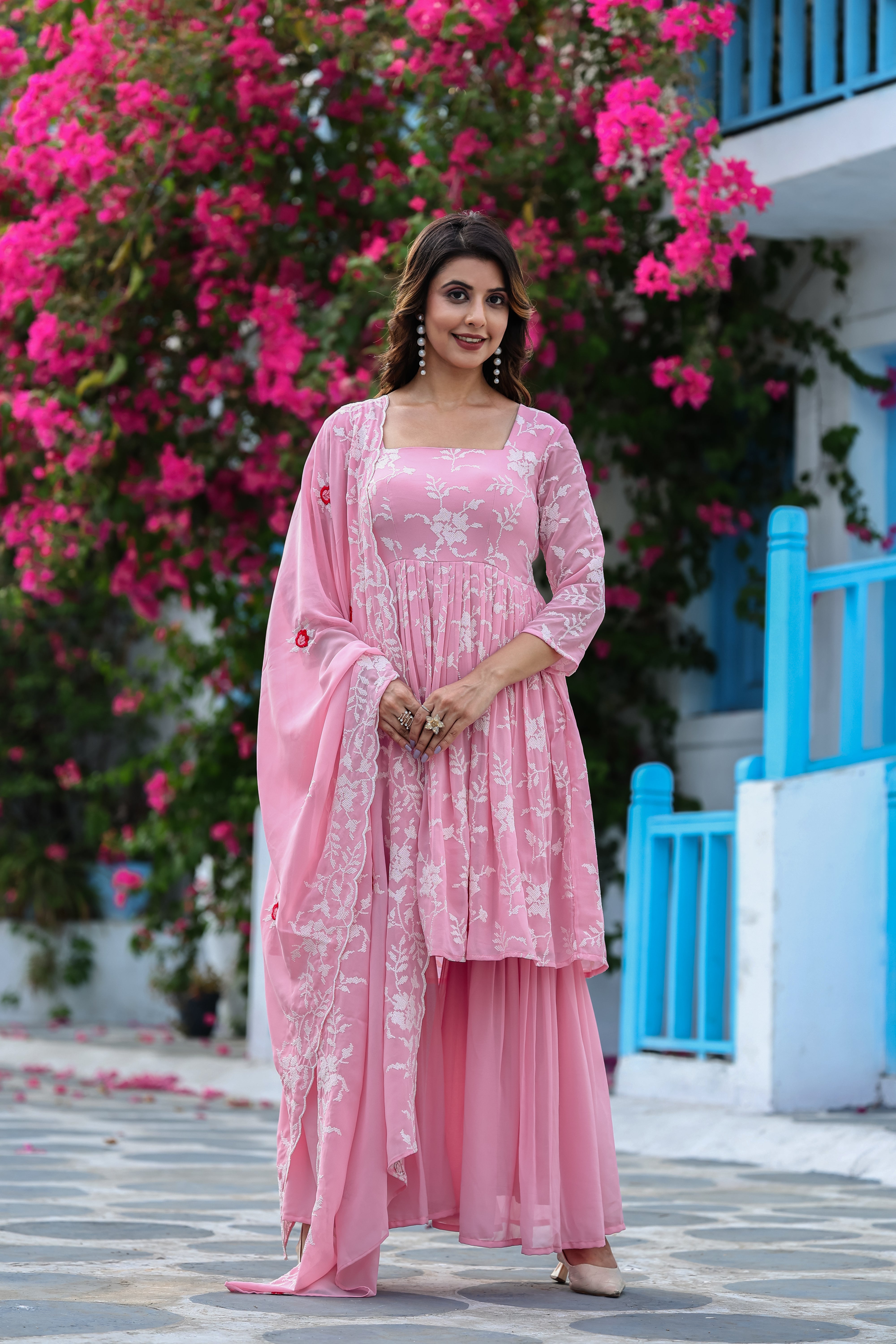 FLARED EMBROIDERED SUIT SET WITH DUPATTA AND PANT