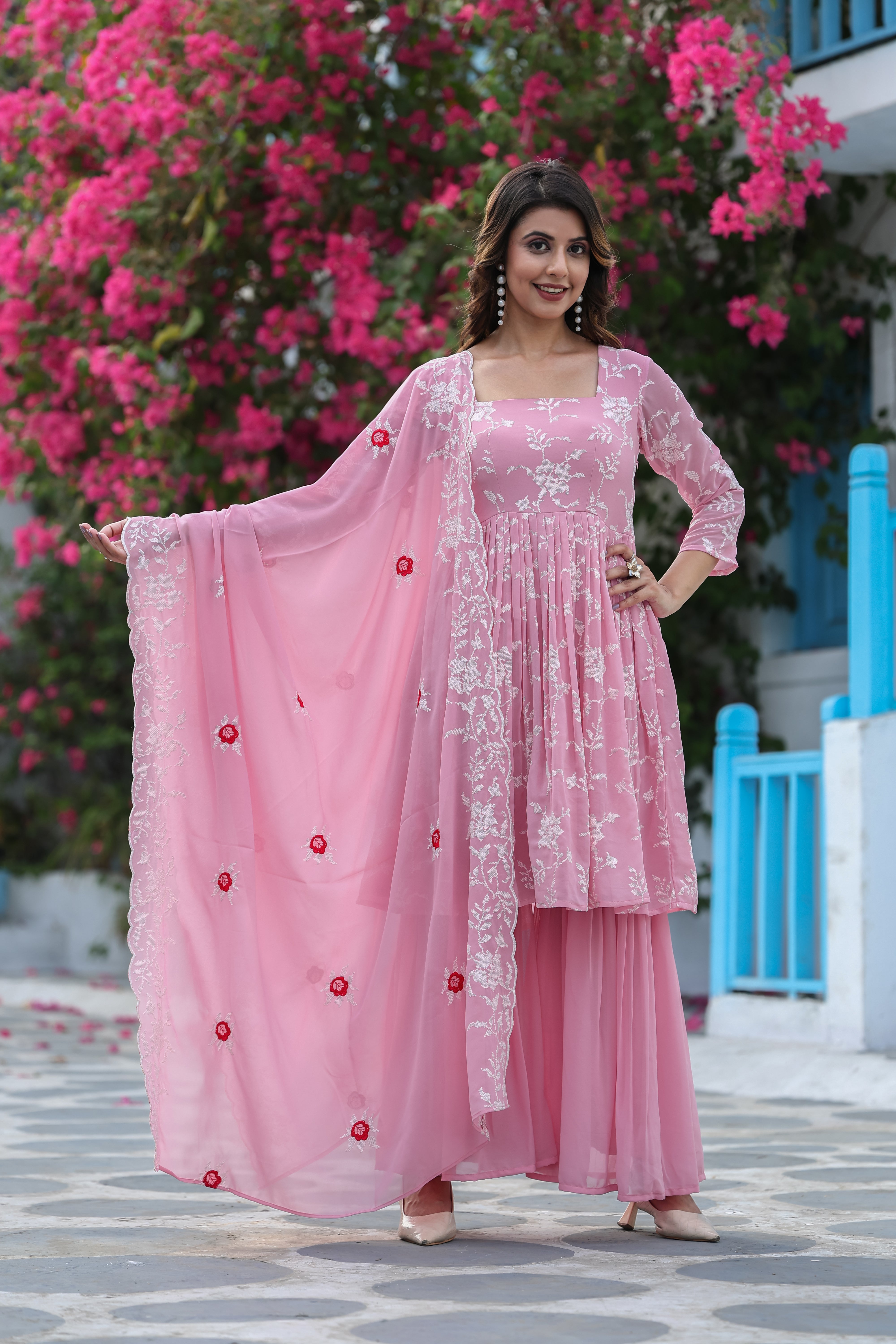 FLARED EMBROIDERED SUIT SET WITH DUPATTA AND PANT