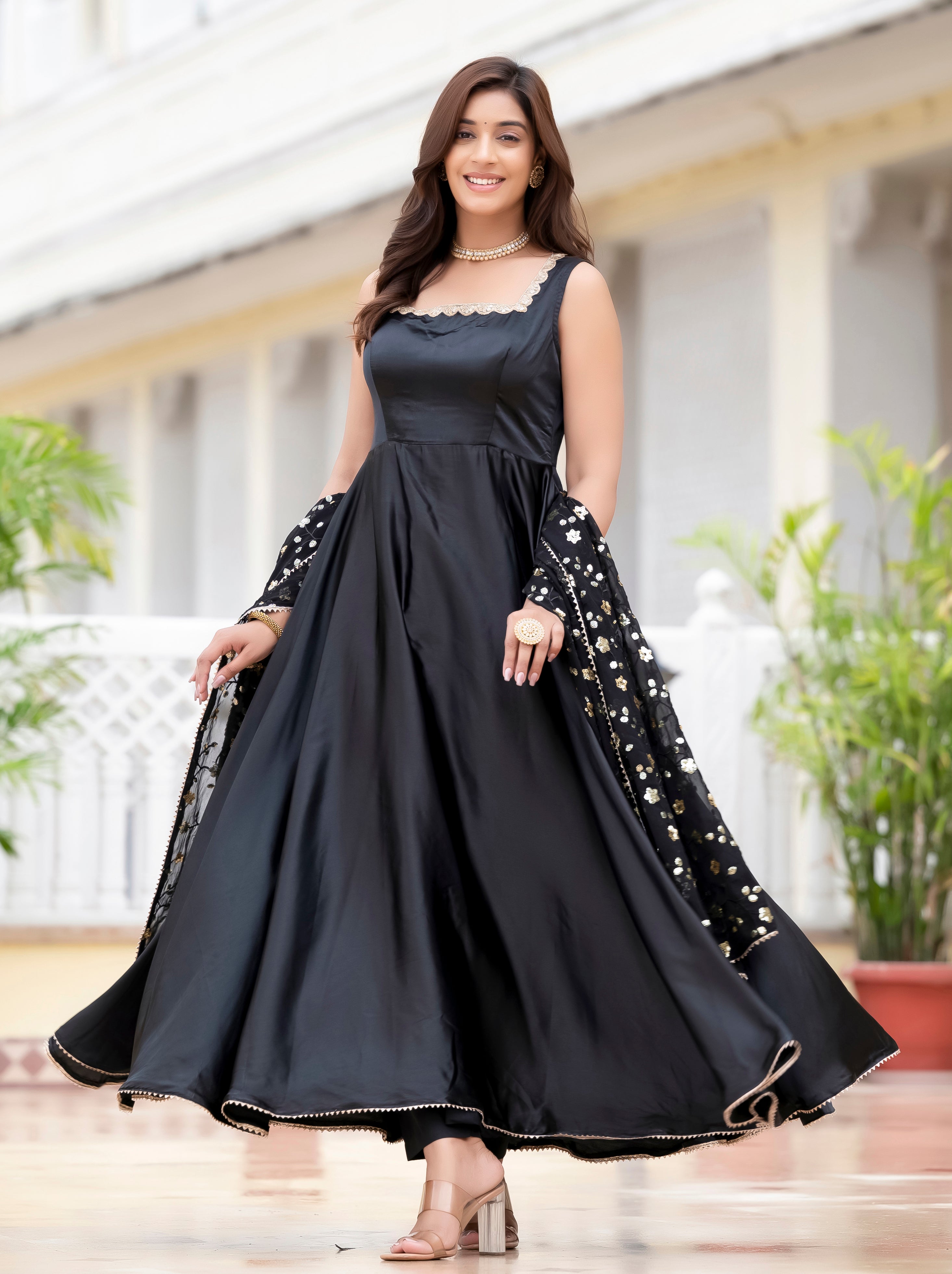 WOMEN'S SATIN SILK FLARED GOWN PAIRED WITH EMBROIDERED DUPATTA AND PANTS