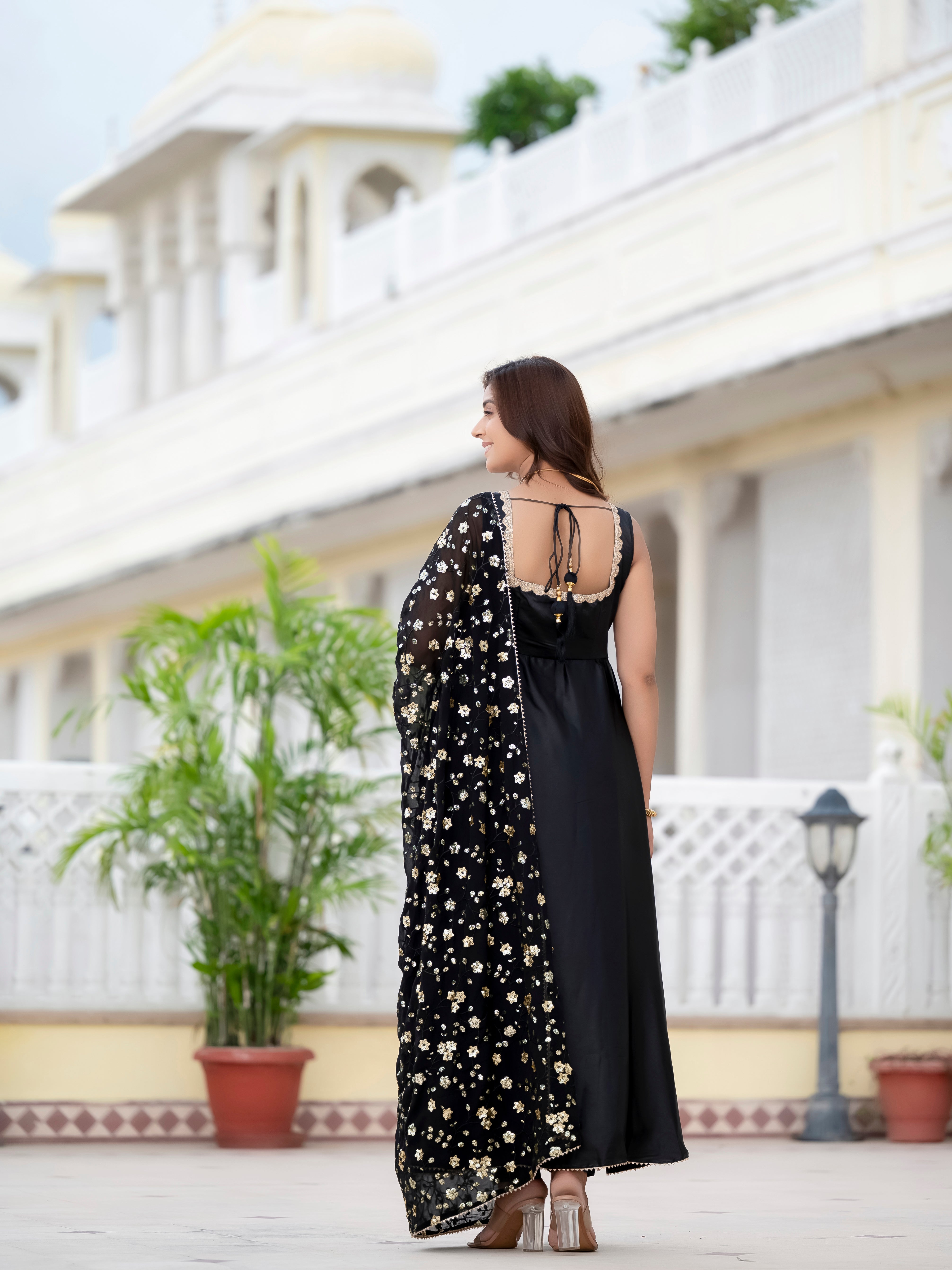 WOMEN'S SATIN SILK FLARED GOWN PAIRED WITH EMBROIDERED DUPATTA AND PANTS