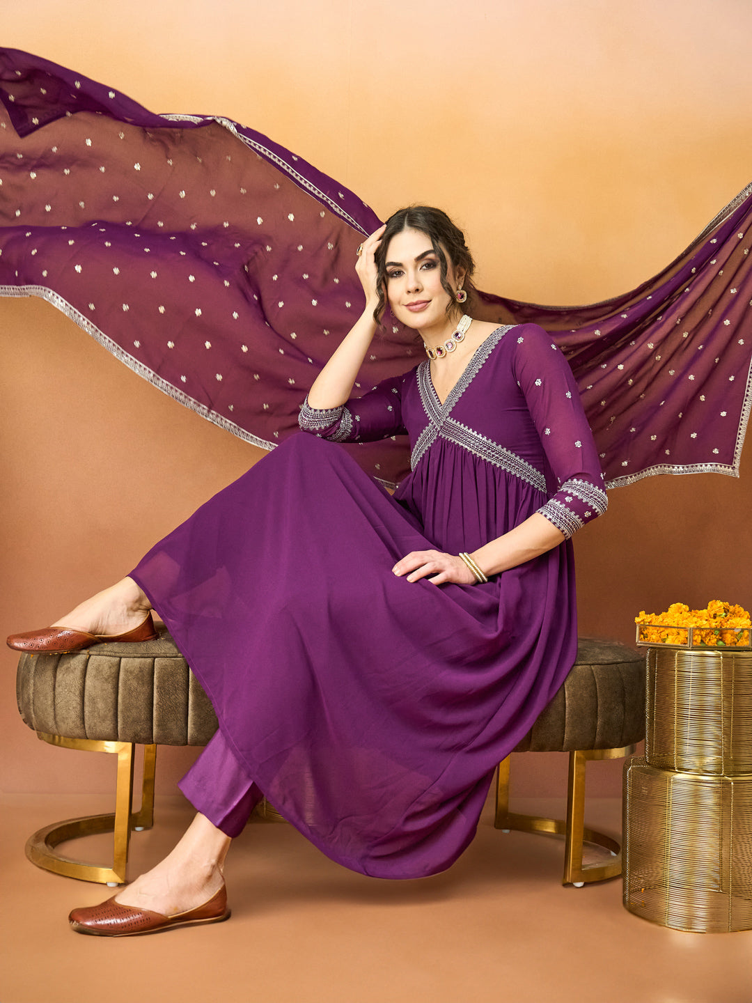 Elegant Embroidered Purple-Wine Alia Dress with Embroidered Dupatta & Pant