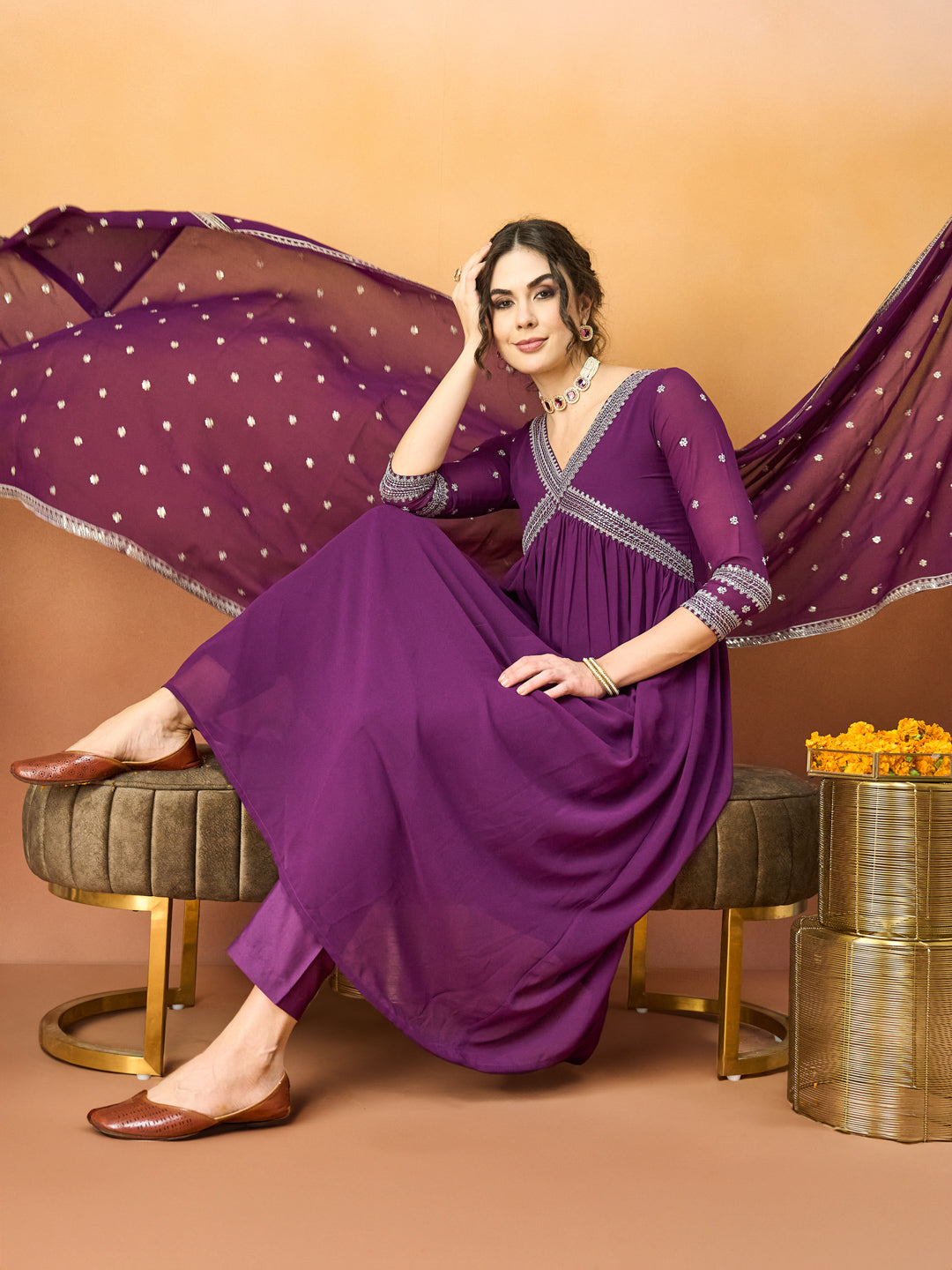 Elegant Embroidered Purple-Wine Alia Dress with Embroidered Dupatta & Pant