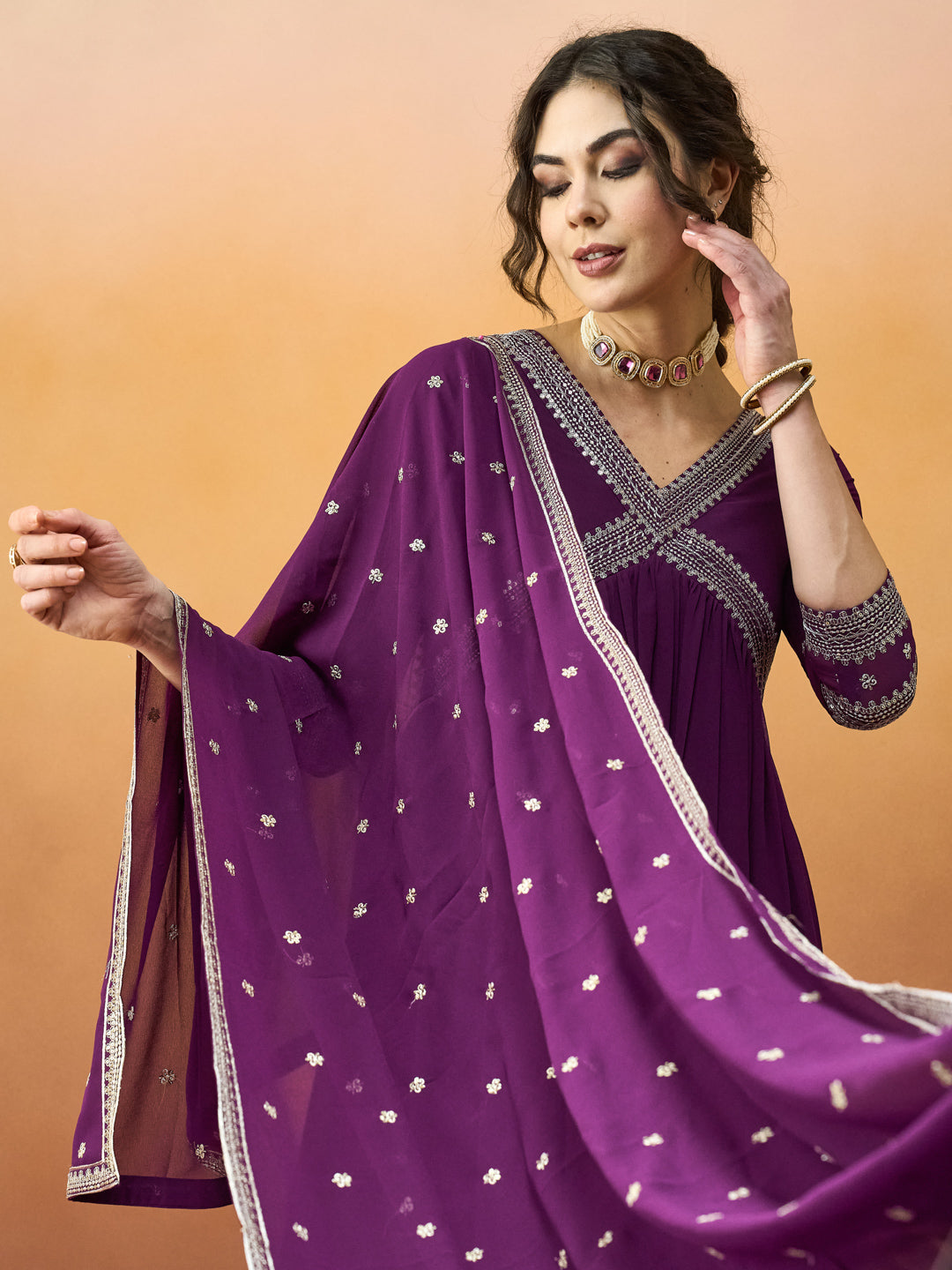 Elegant Embroidered Purple-Wine Alia Dress with Embroidered Dupatta & Pant