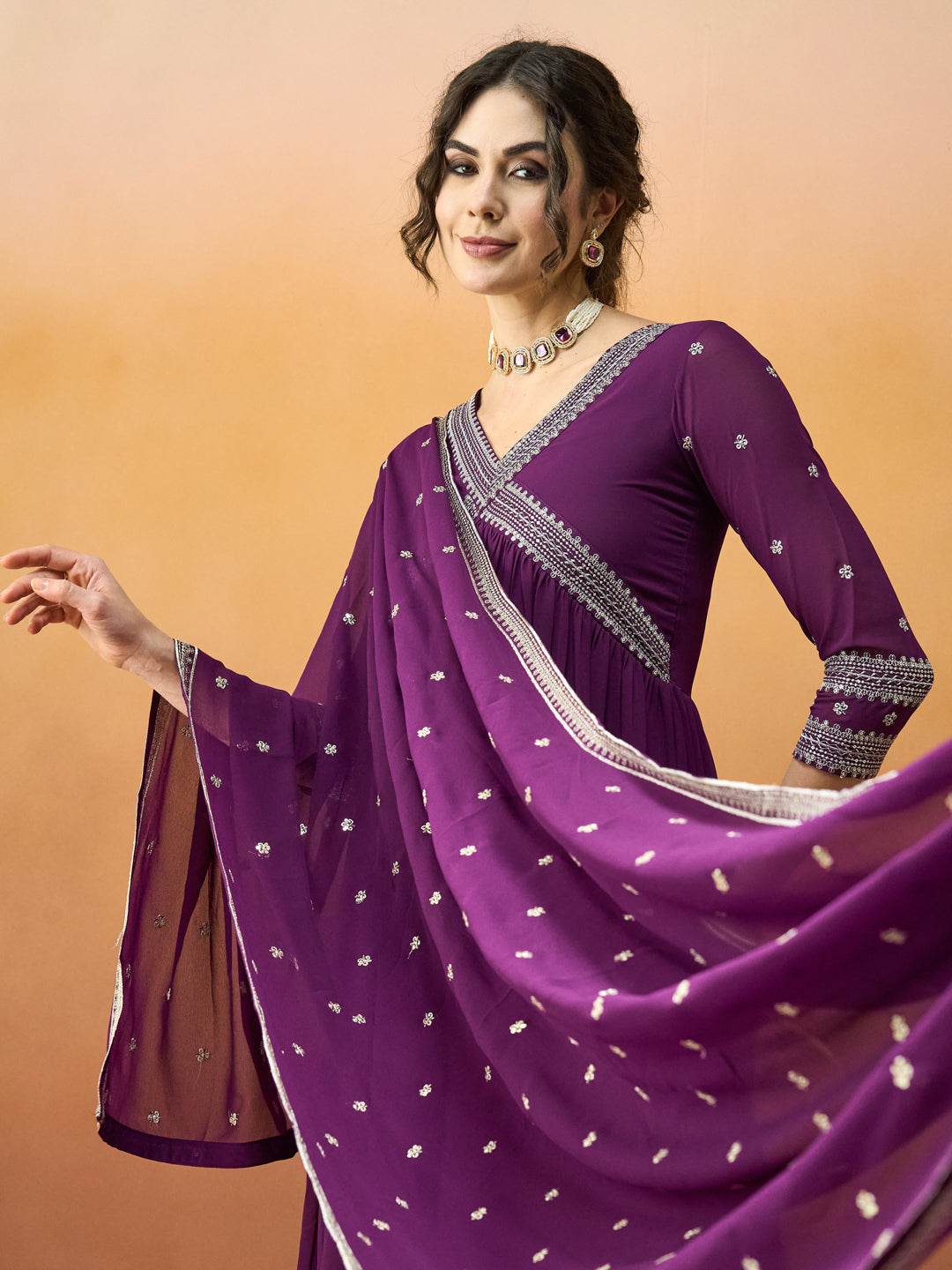 Elegant Embroidered Purple-Wine Alia Dress with Embroidered Dupatta & Pant