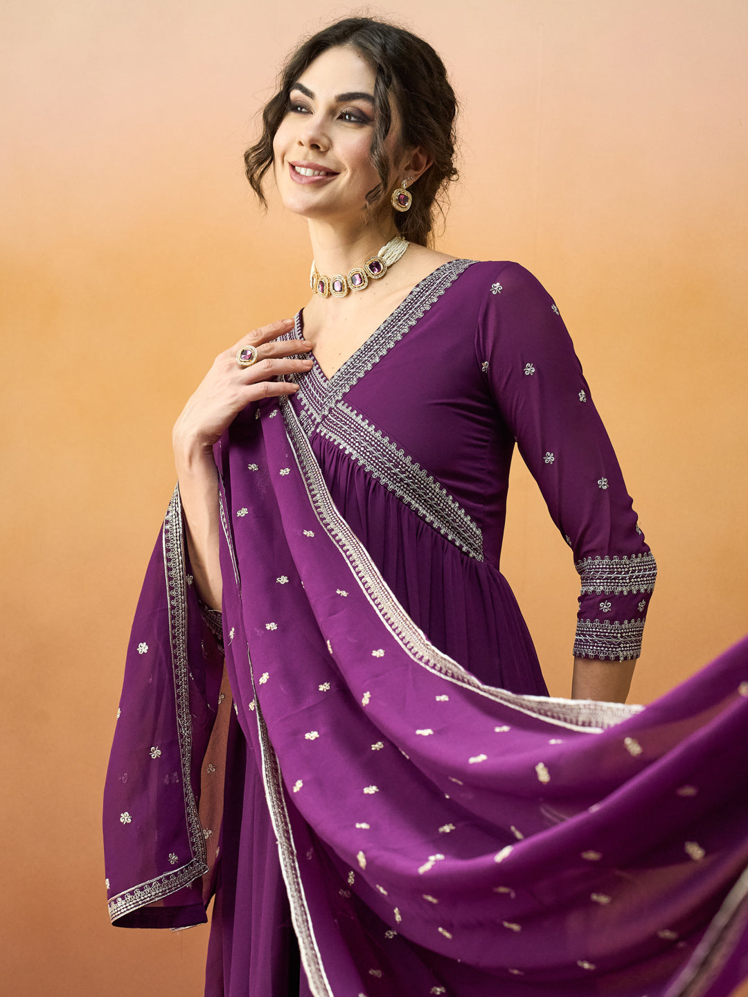 Elegant Embroidered Purple-Wine Alia Dress with Embroidered Dupatta & Pant