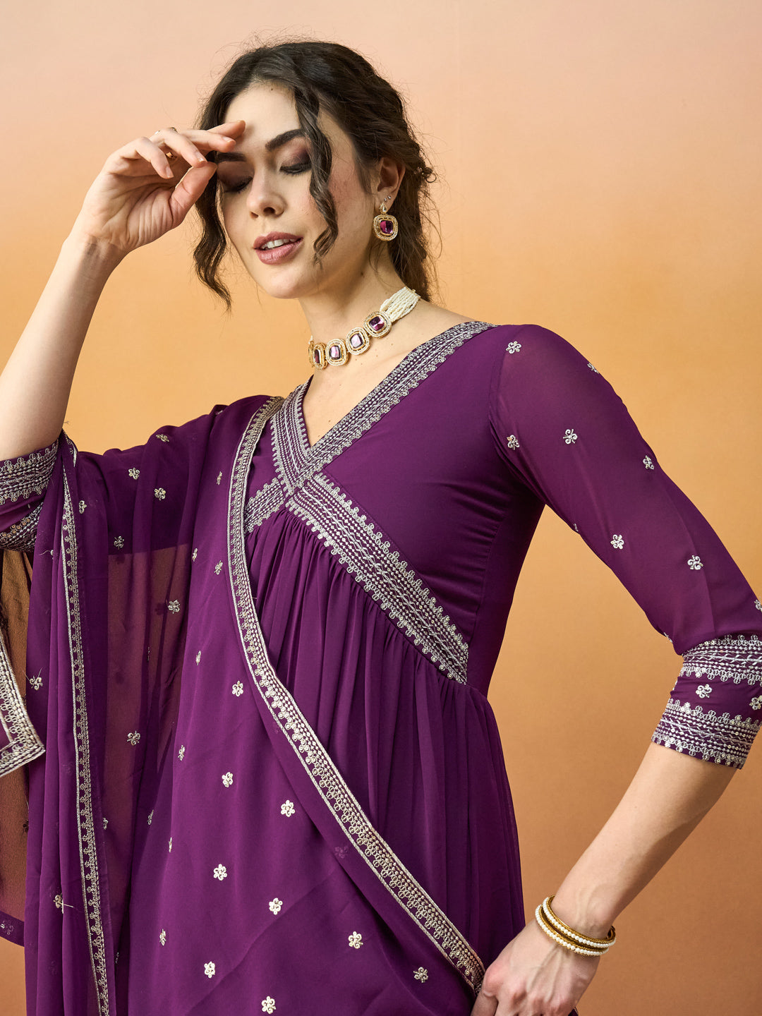 Elegant Embroidered Purple-Wine Alia Dress with Embroidered Dupatta & Pant