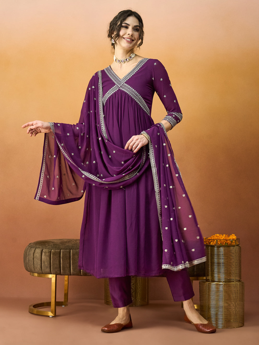 Elegant Embroidered Purple-Wine Alia Dress with Embroidered Dupatta & Pant