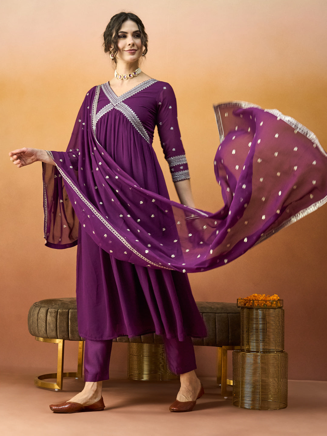 Elegant Embroidered Purple-Wine Alia Dress with Embroidered Dupatta & Pant