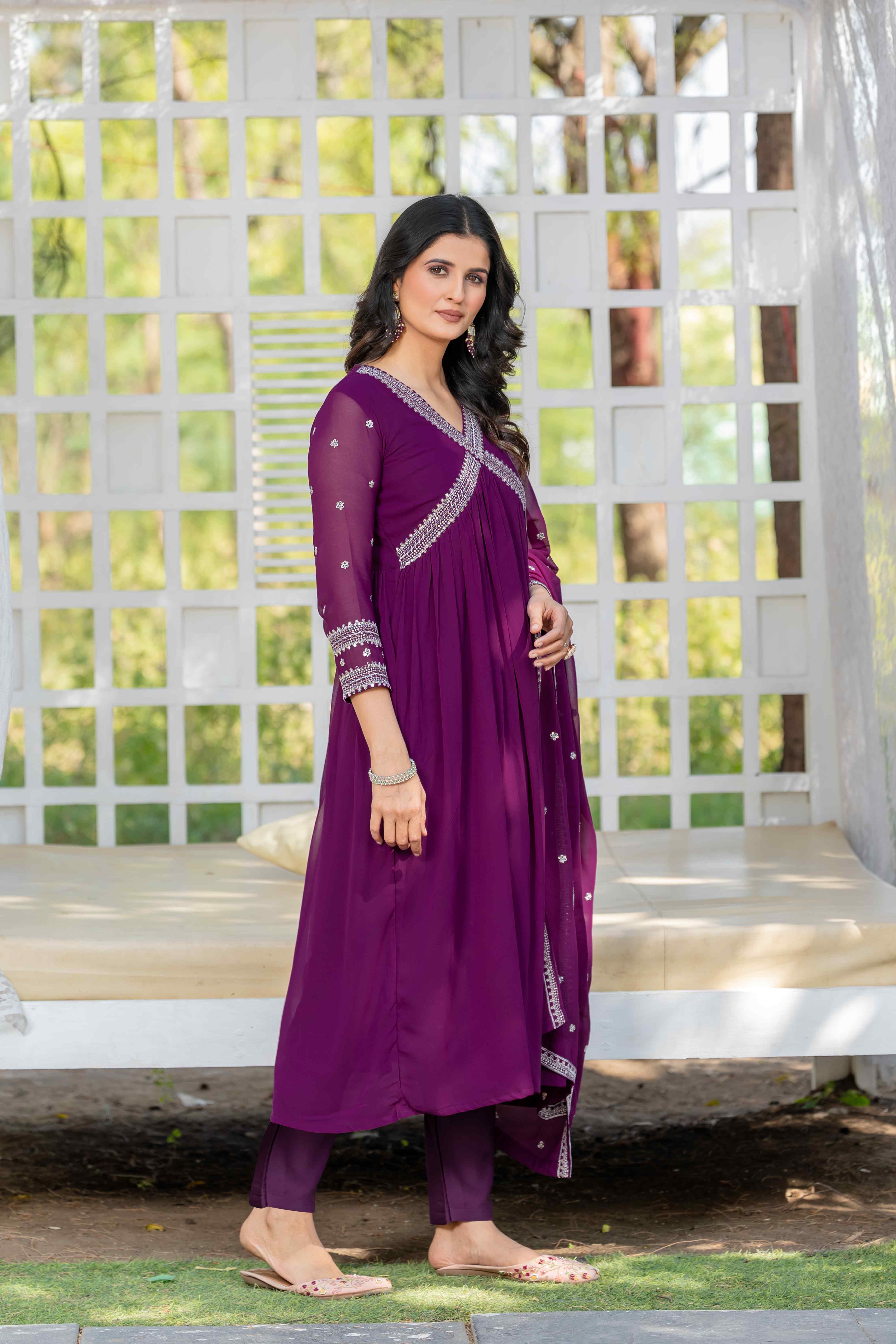 Designer Flared Embroidered Alia Cut Kurta Dress with Embroidered Dupatta & Pant