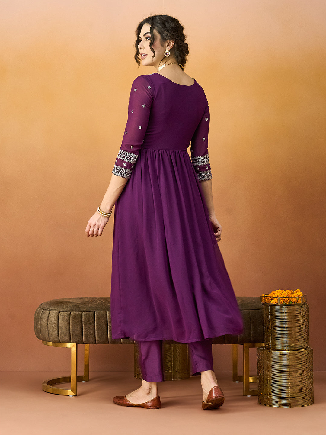 Elegant Embroidered Purple-Wine Alia Dress with Embroidered Dupatta & Pant