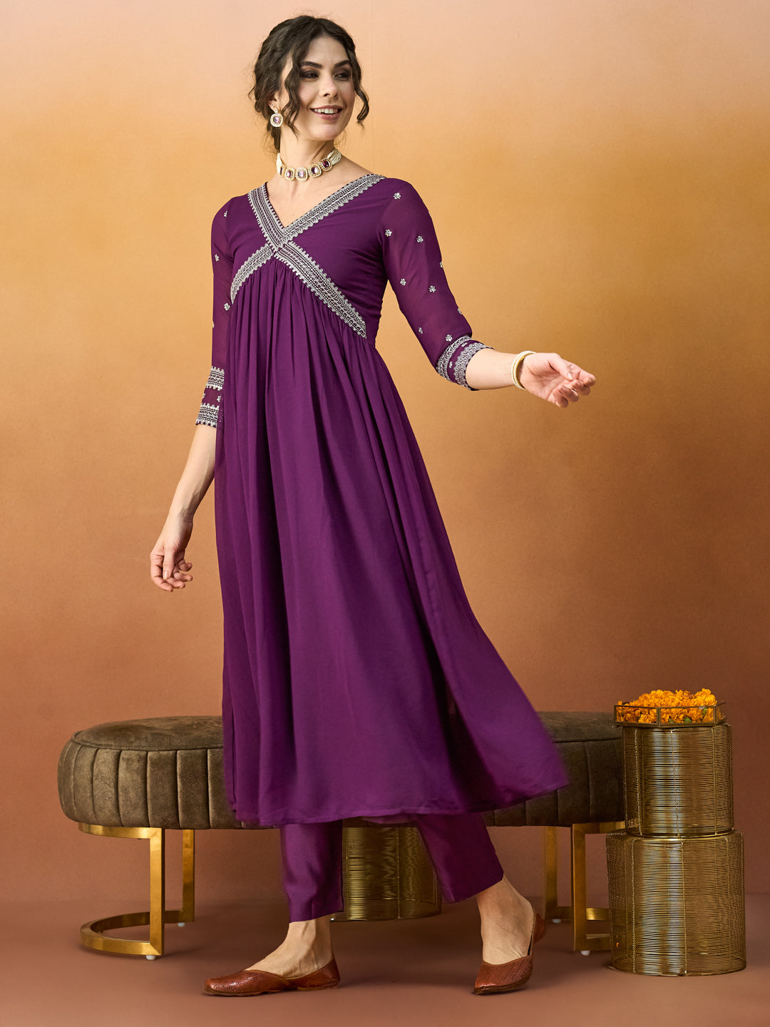 Elegant Embroidered Purple-Wine Alia Dress with Embroidered Dupatta & Pant