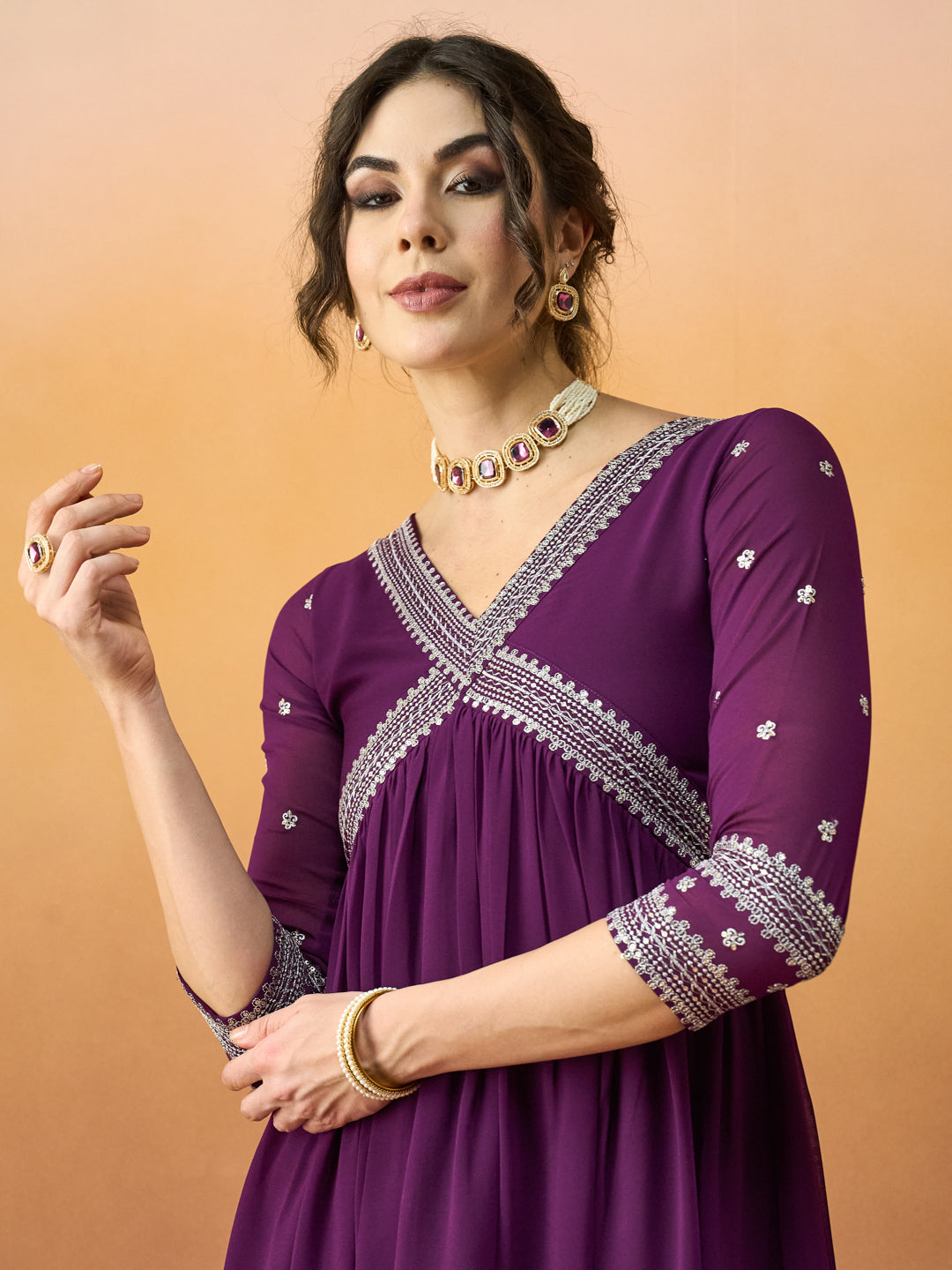 Elegant Embroidered Purple-Wine Alia Dress with Embroidered Dupatta & Pant