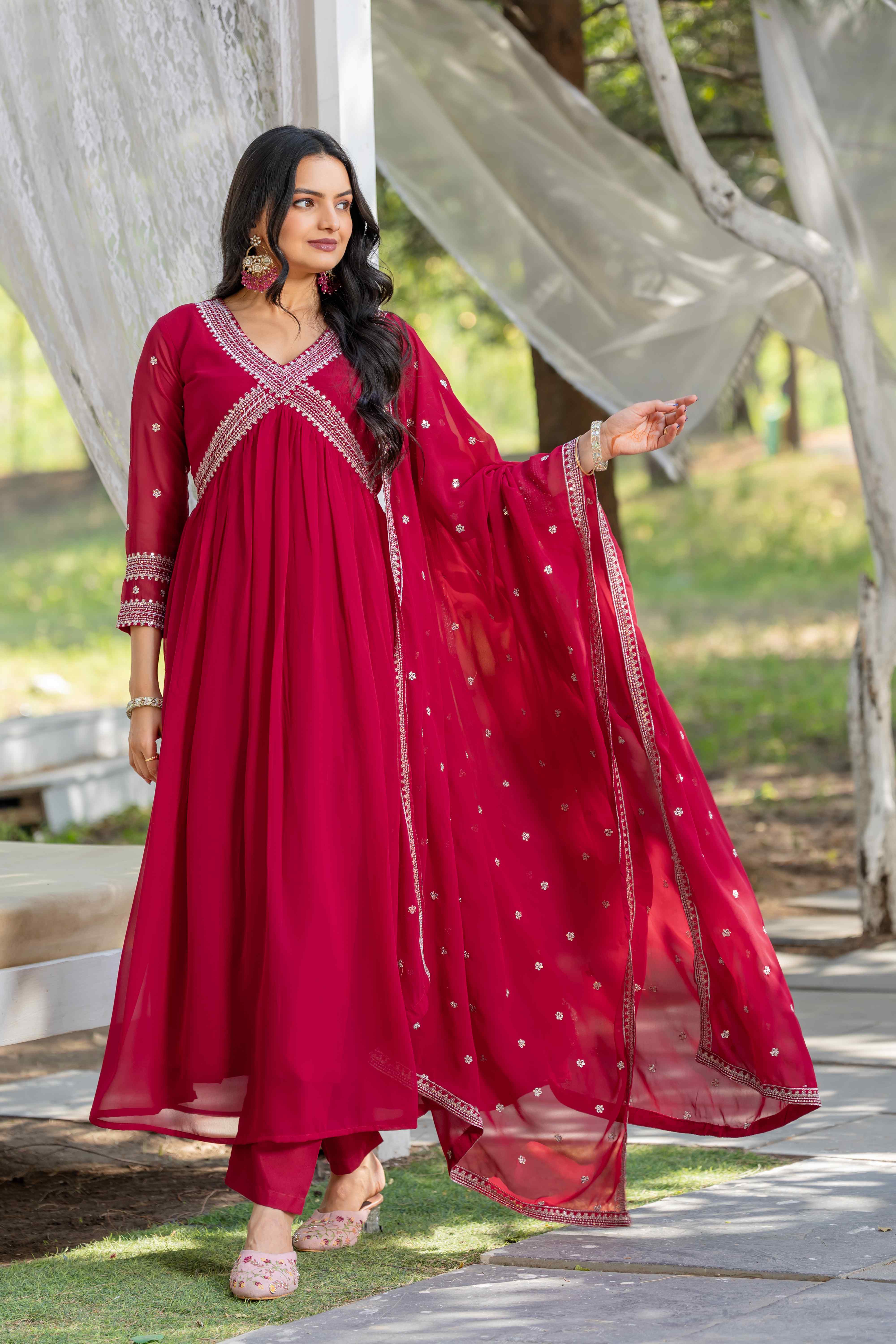 Designer Flared Embroidered Alia Cut Kurta Dress with Embroidered Dupatta & Pant