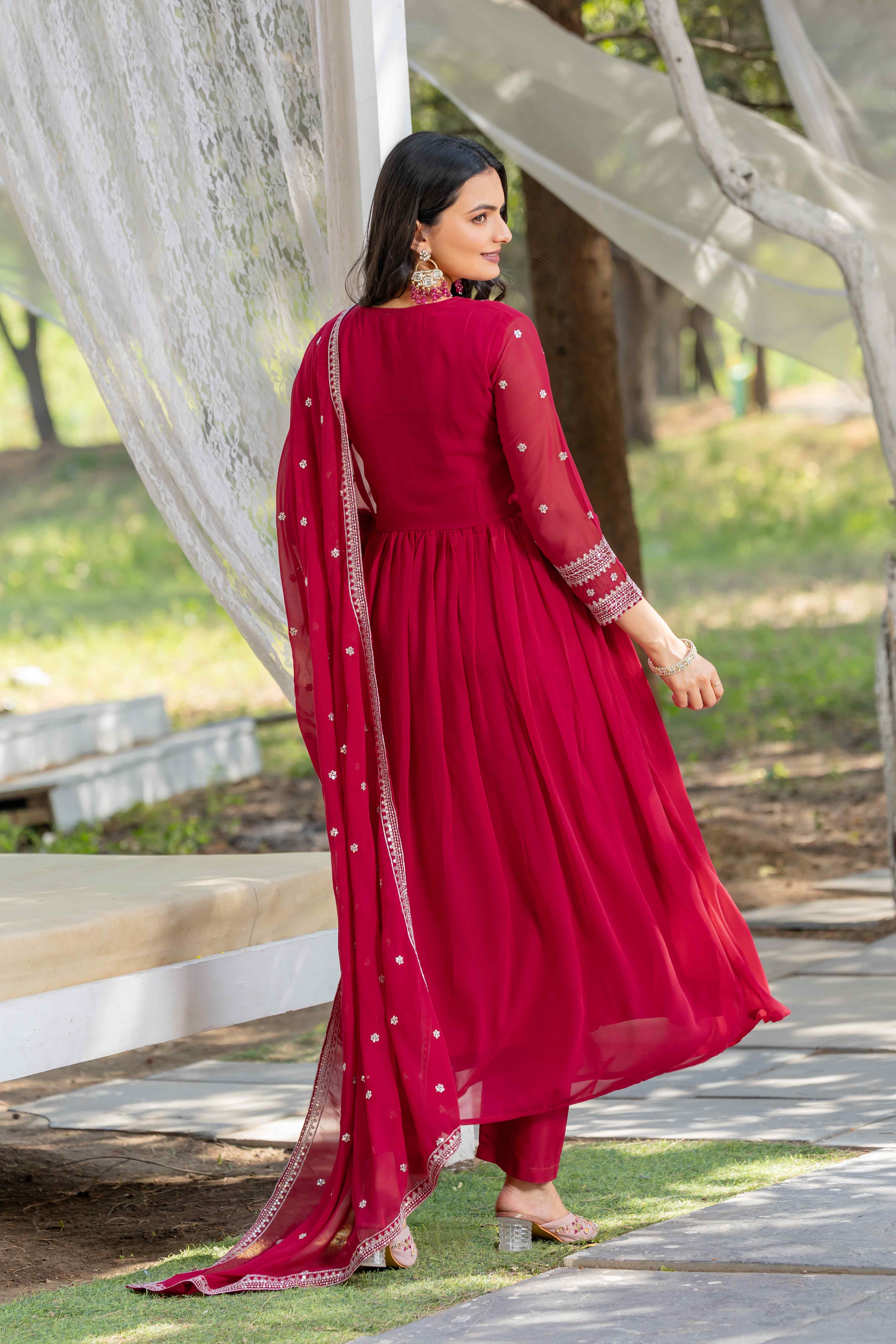 Designer Flared Embroidered Alia Cut Kurta Dress with Embroidered Dupatta & Pant