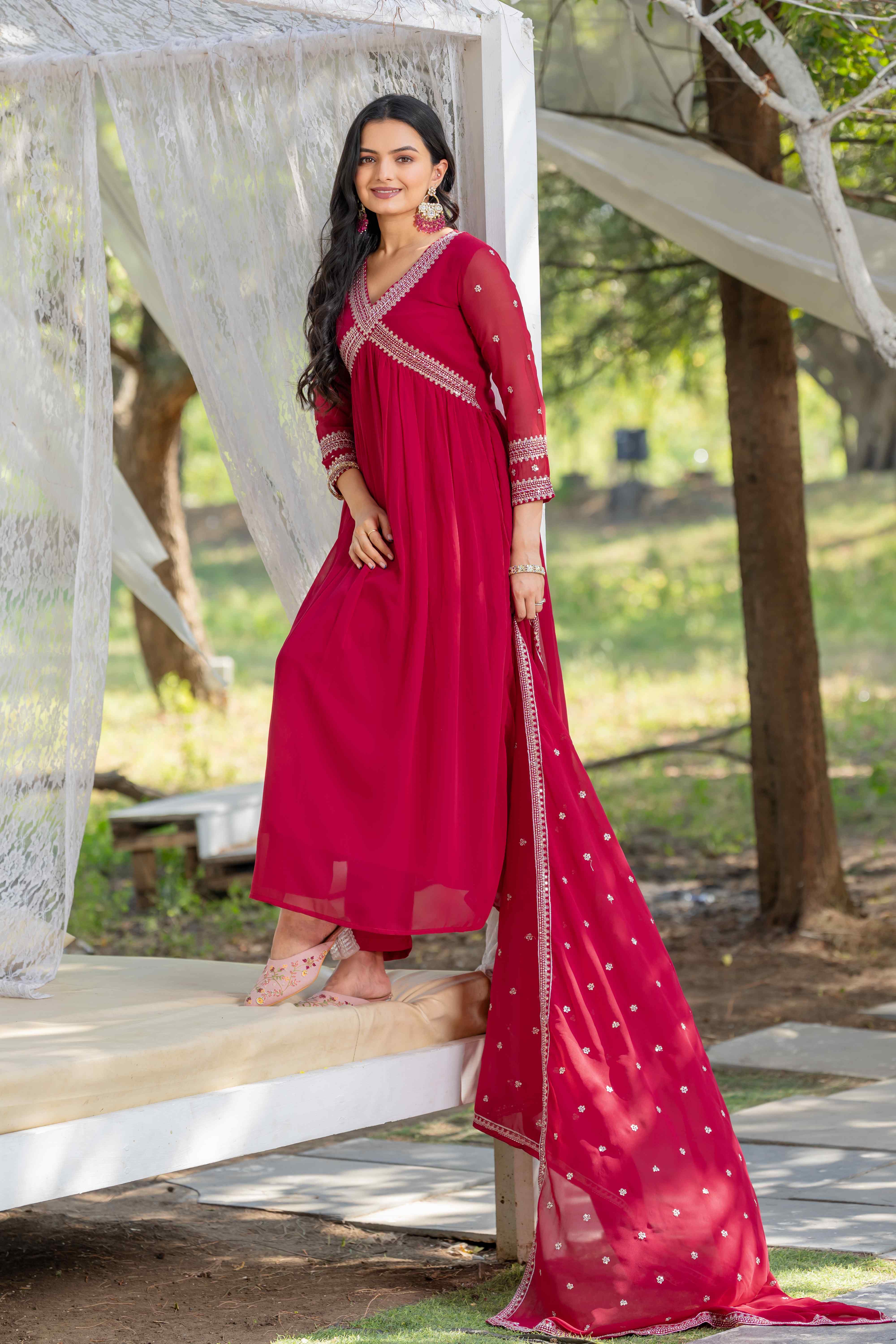 Designer Flared Embroidered Alia Cut Kurta Dress with Embroidered Dupatta & Pant