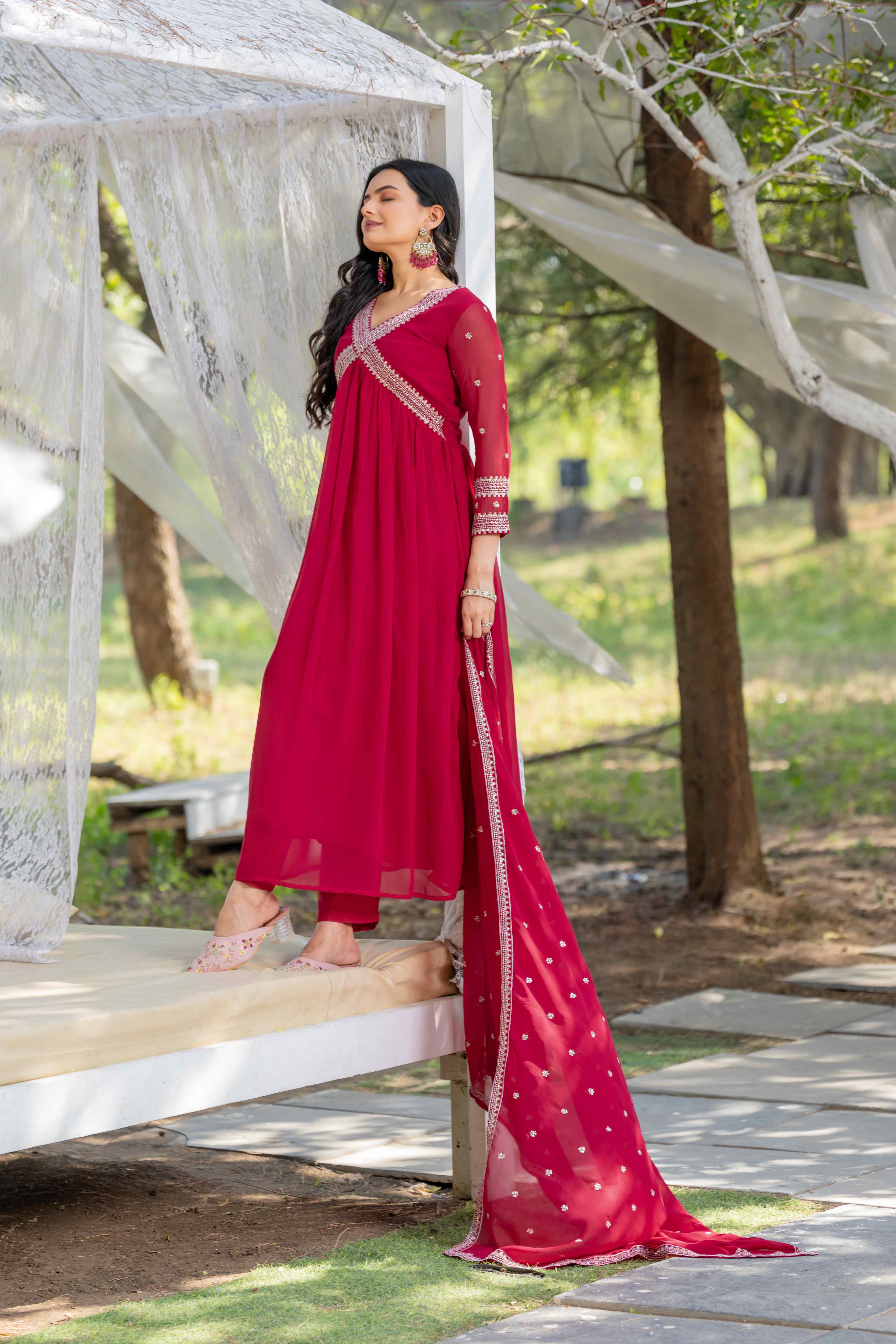 Designer Flared Embroidered Alia Cut Kurta Dress with Embroidered Dupatta & Pant