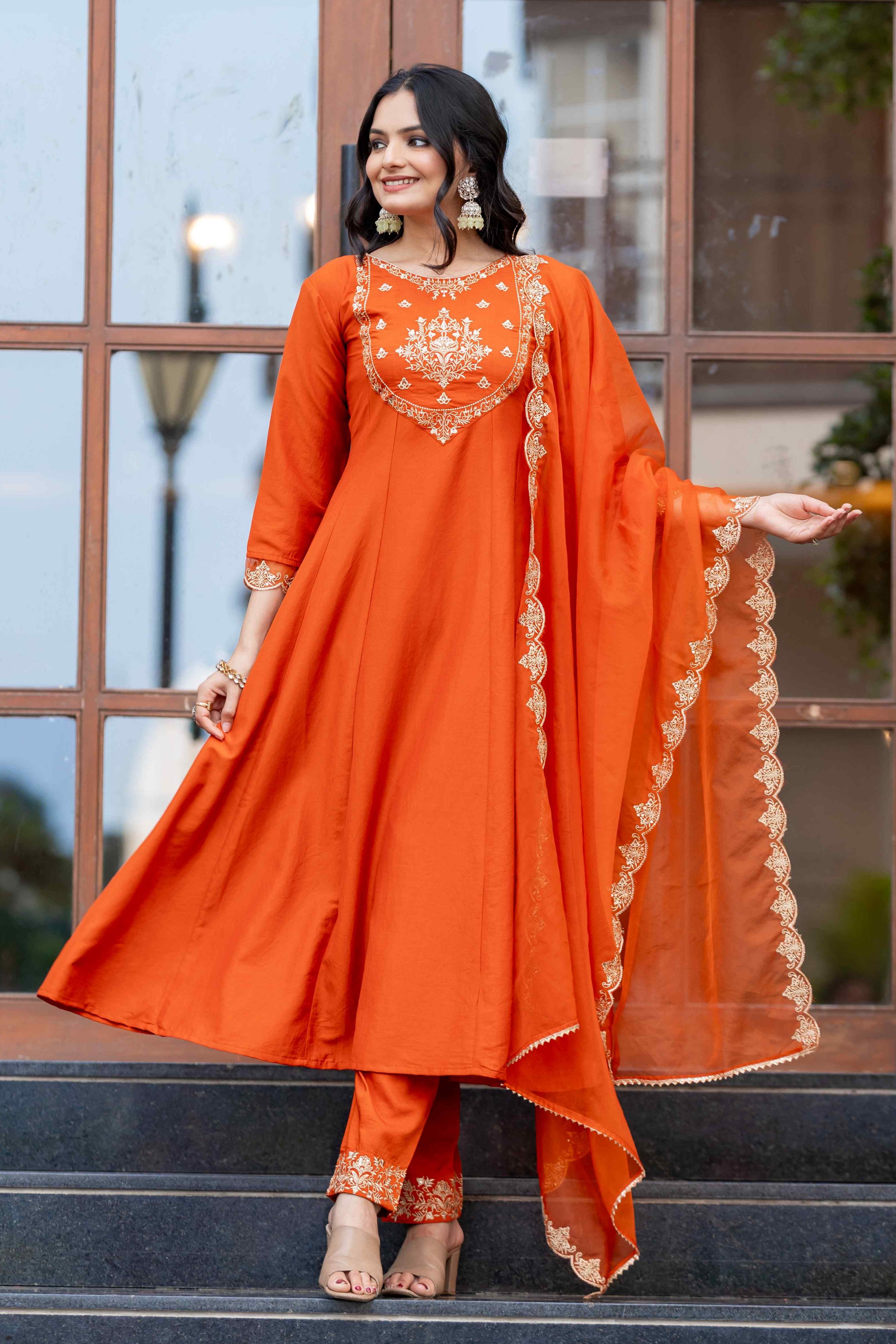 WOMEN'S EMBROIDERED PARTY ANARKALI KURTA SET PAIRED WITH EMBROIDERED ORGANZA DUPATTA & PANT