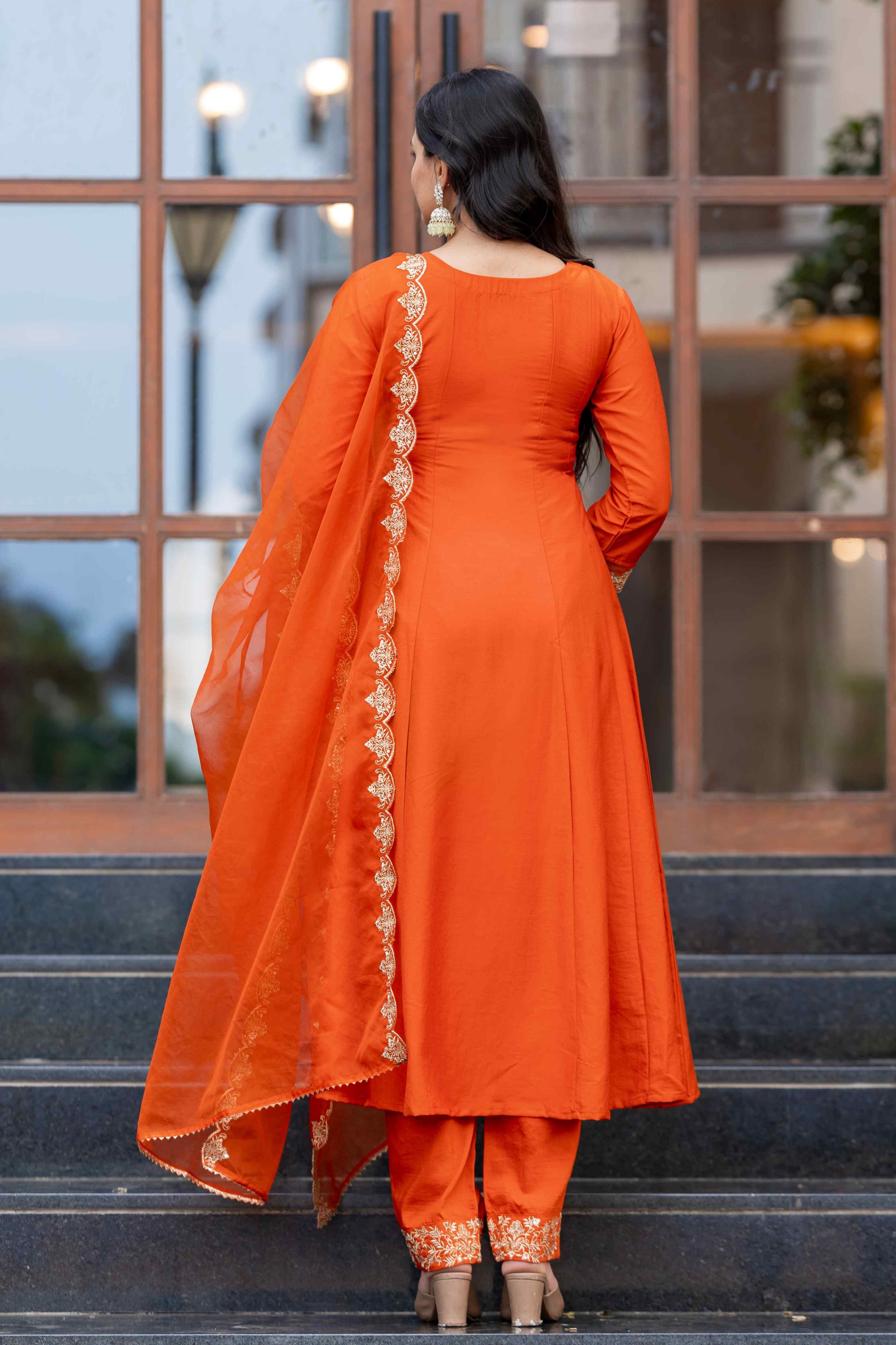 WOMEN'S EMBROIDERED PARTY ANARKALI KURTA SET PAIRED WITH EMBROIDERED ORGANZA DUPATTA & PANT