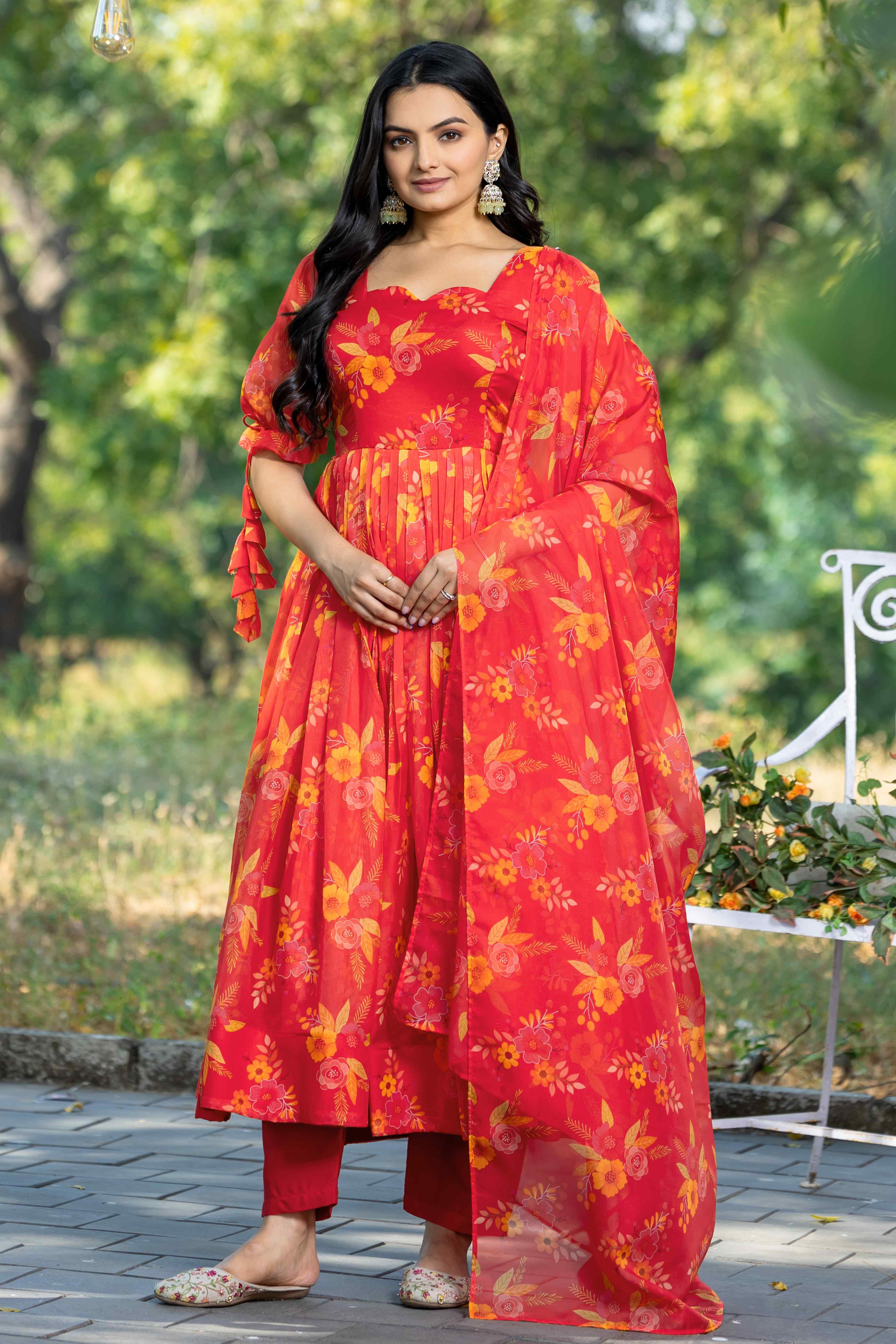 WOMEN'S FLORAL PRINTED FANCY SLEEVES GOWN WITH PRINTED DUPATTA & PANT