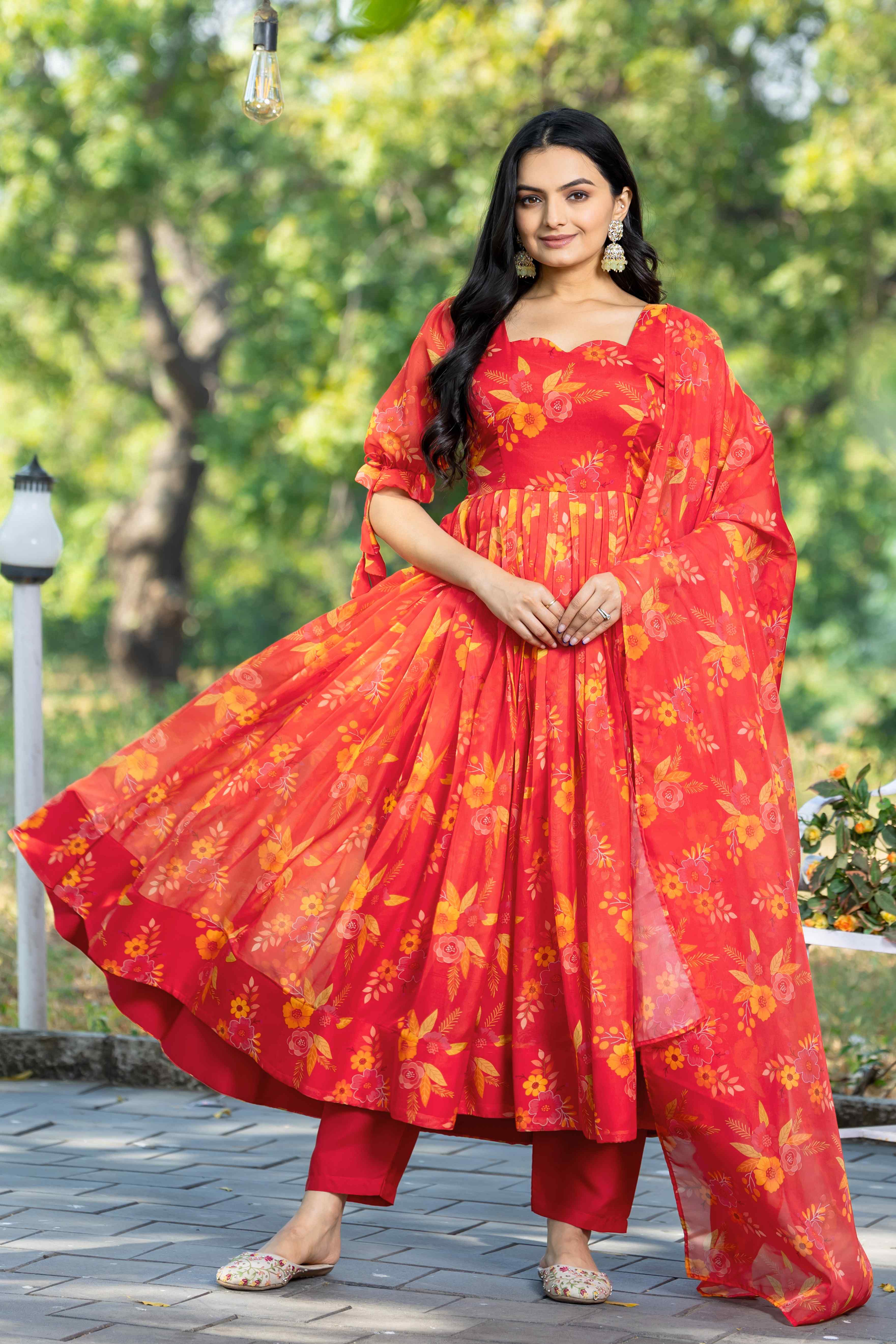 WOMEN'S FLORAL PRINTED FANCY SLEEVES GOWN WITH PRINTED DUPATTA & PANT