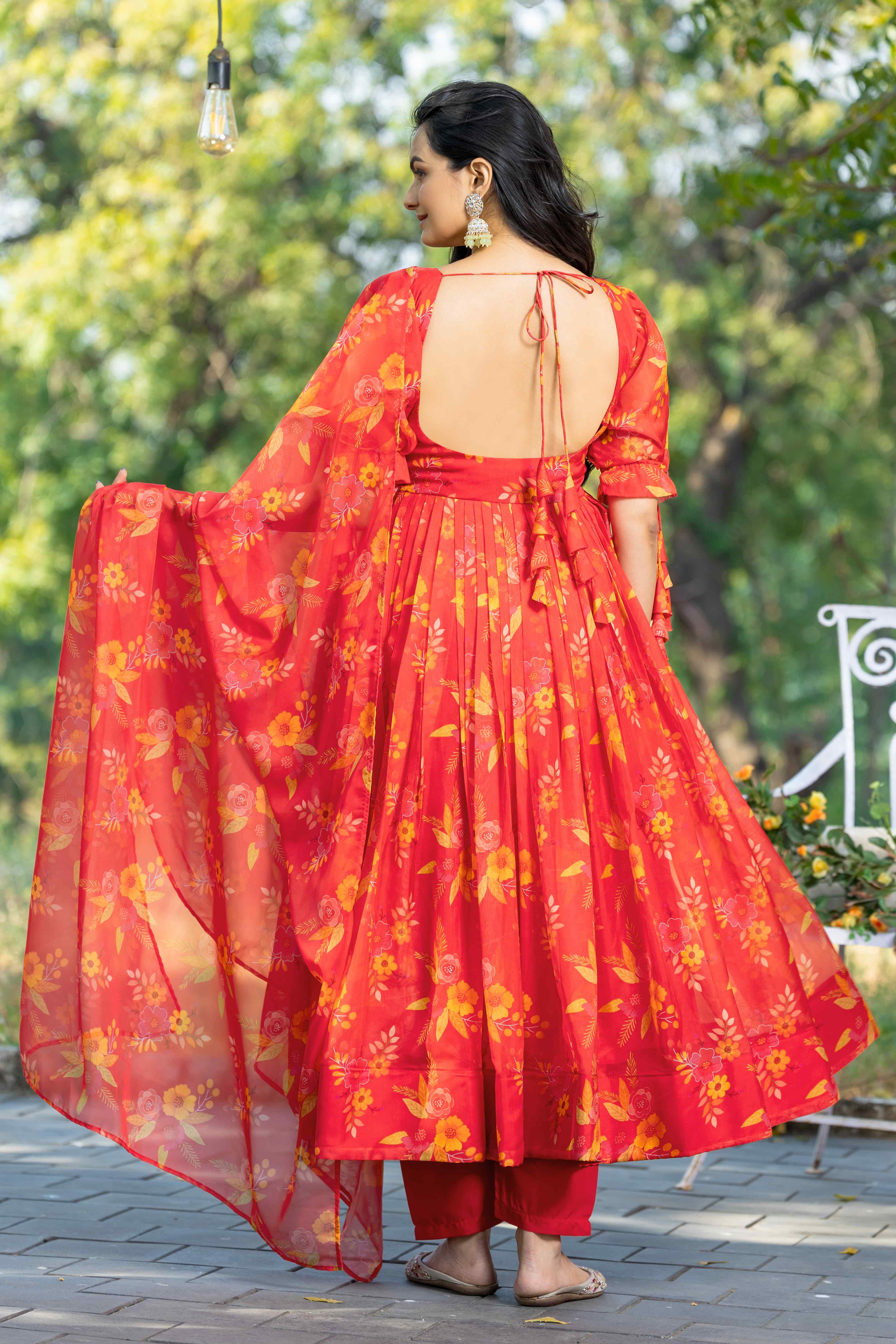 WOMEN'S FLORAL PRINTED FANCY SLEEVES GOWN WITH PRINTED DUPATTA & PANT