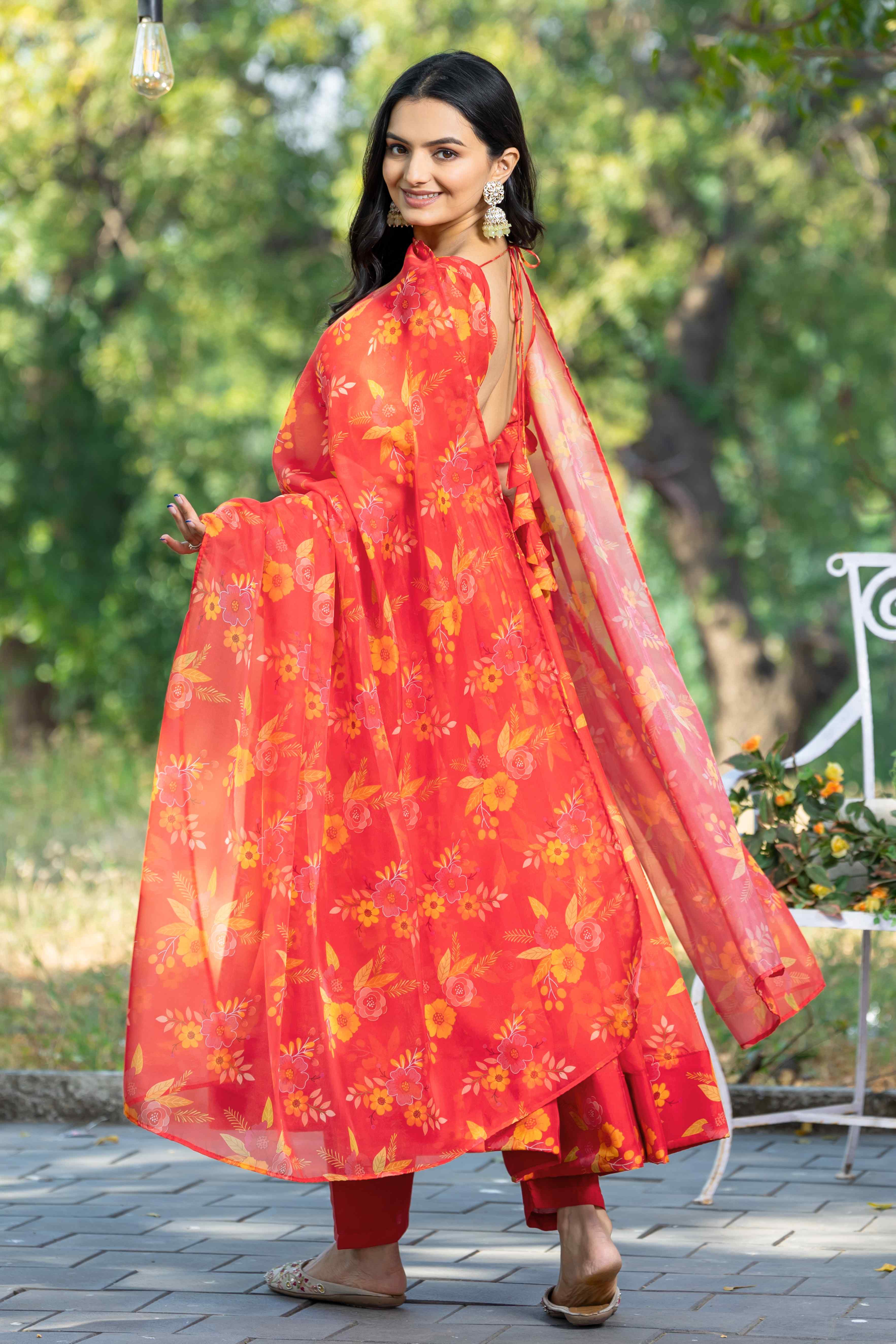 WOMEN'S FLORAL PRINTED FANCY SLEEVES GOWN WITH PRINTED DUPATTA & PANT