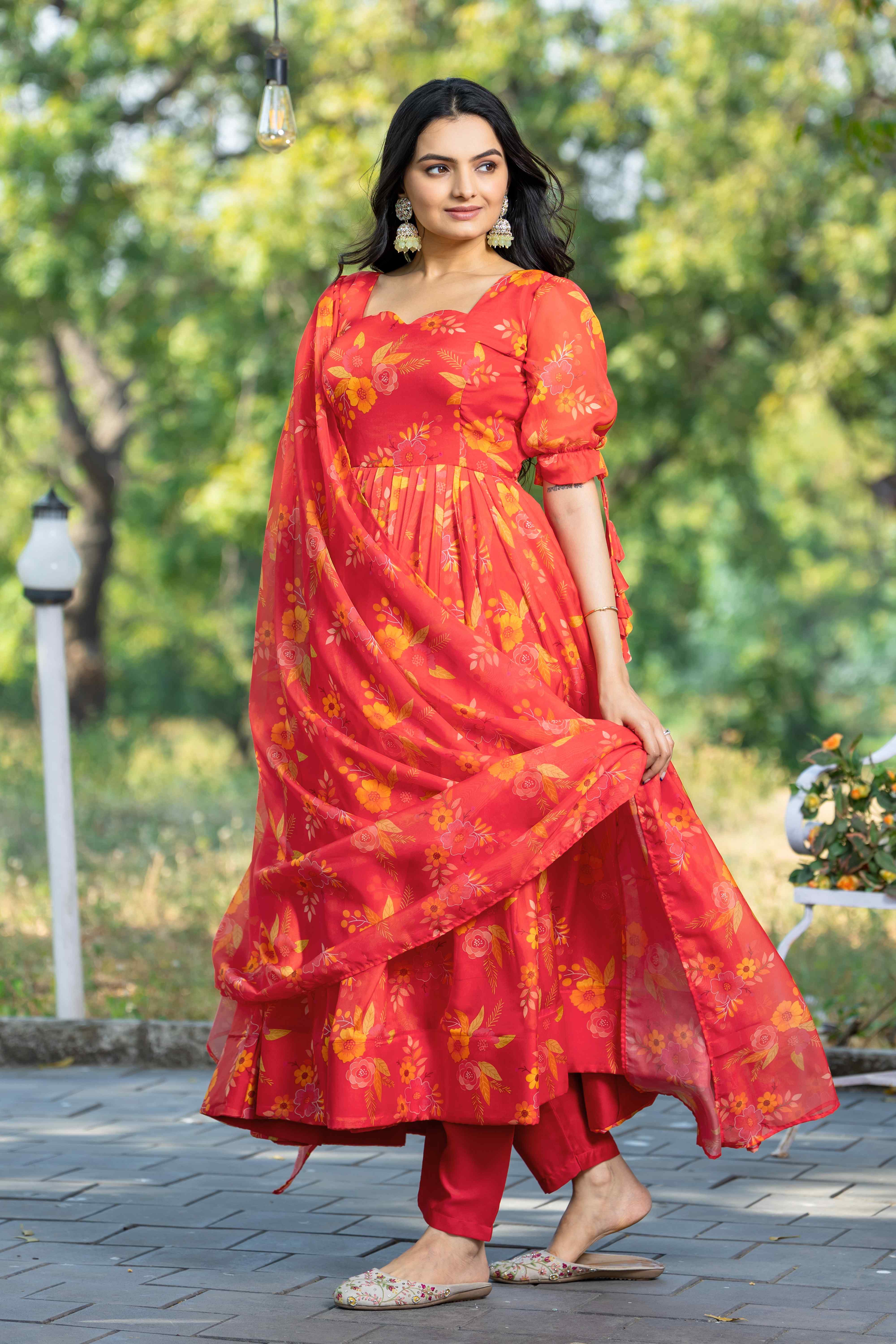 WOMEN'S FLORAL PRINTED FANCY SLEEVES GOWN WITH PRINTED DUPATTA & PANT