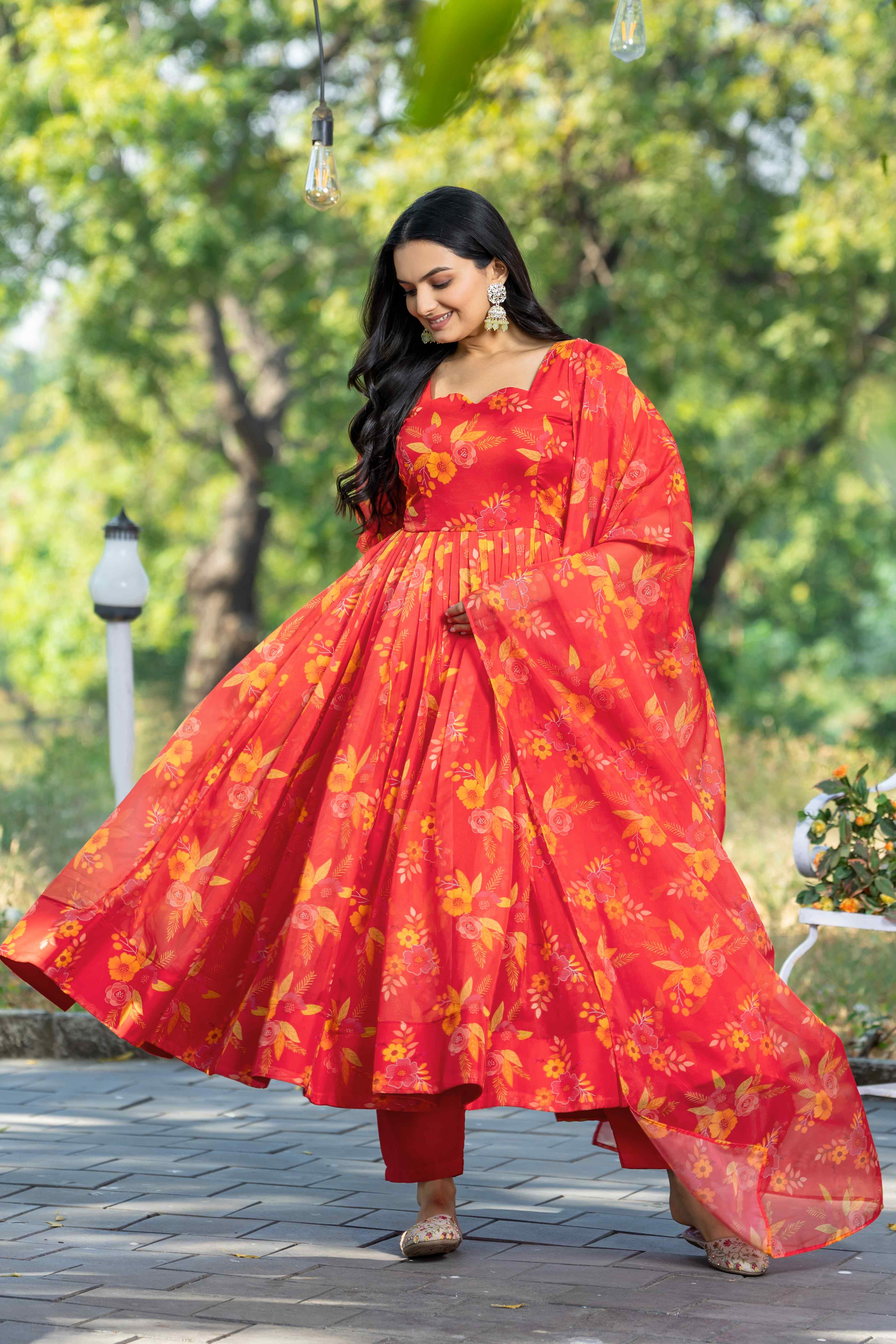 WOMEN'S FLORAL PRINTED FANCY SLEEVES GOWN WITH PRINTED DUPATTA & PANT