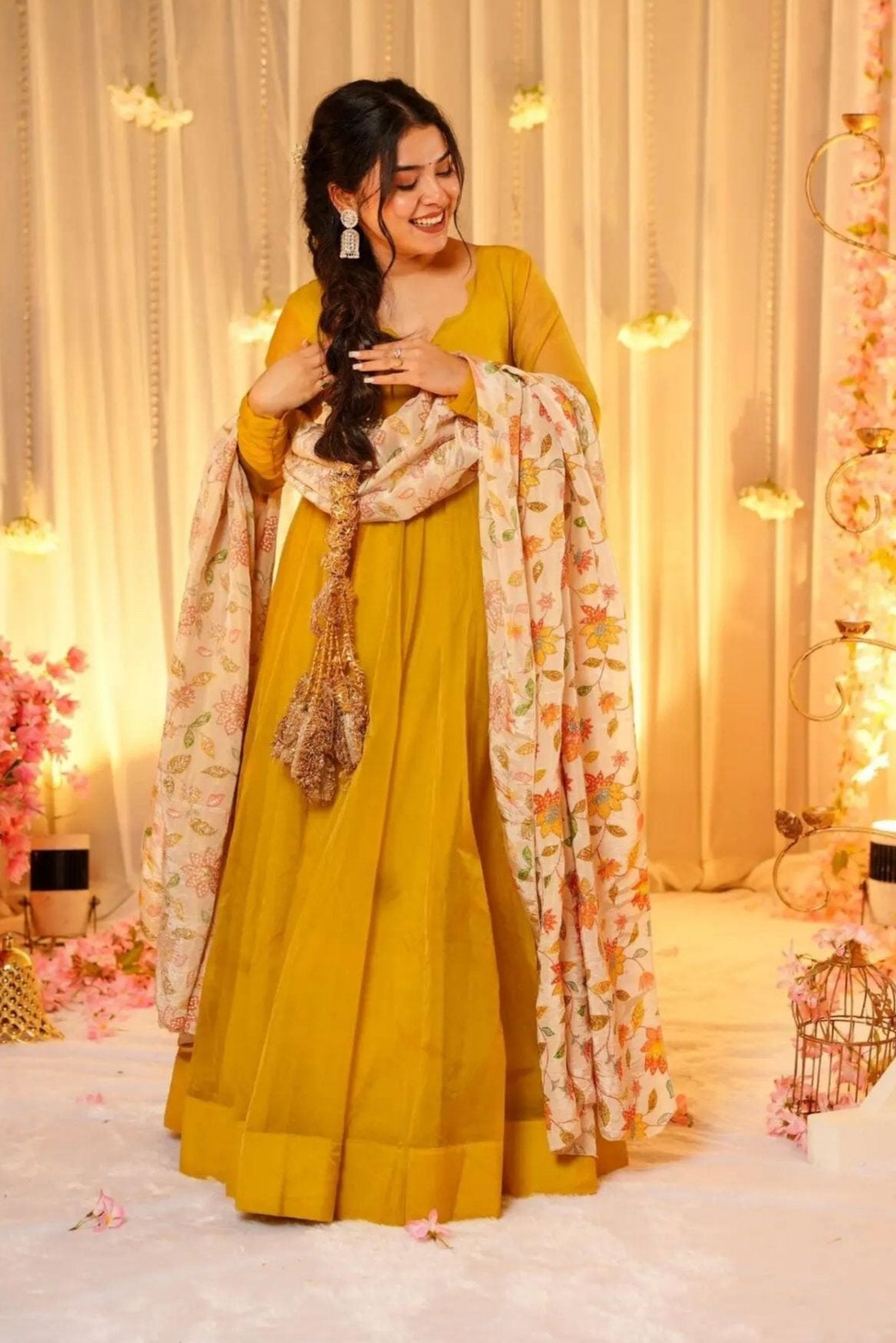 WOMEN'S FULL-LENGTH ORGANZA GOWN PAIRED WITH CONTRAST PRINTED FLORAL DUPATTA