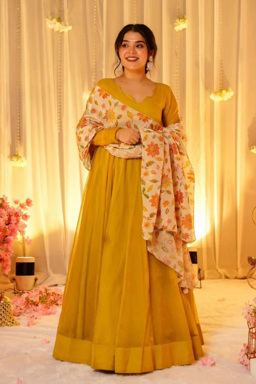 WOMEN'S FULL-LENGTH ORGANZA GOWN PAIRED WITH CONTRAST PRINTED FLORAL DUPATTA