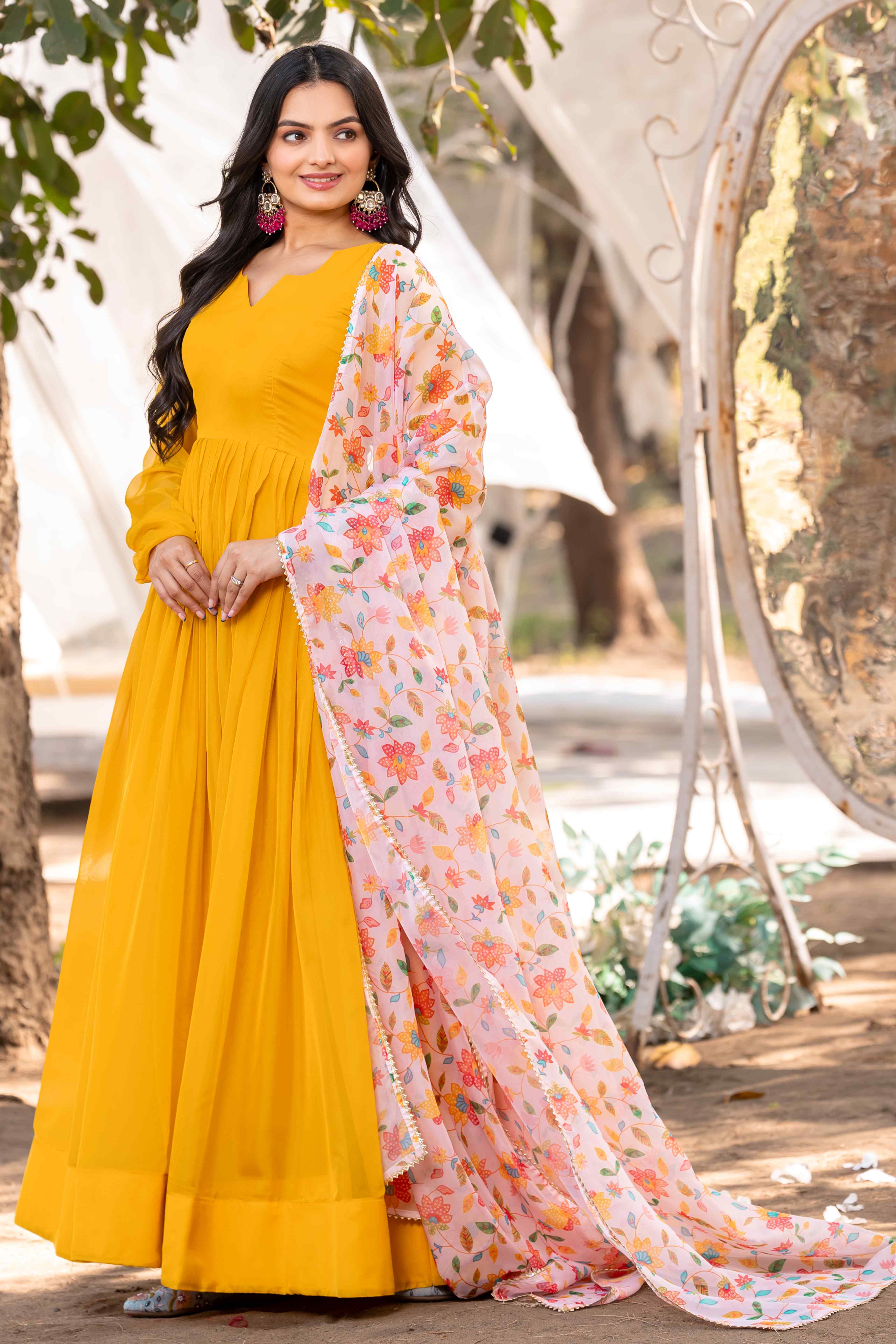 WOMEN'S FUL-LENGTH ORGANZA GOWN PAIRED WITH CONTRAST FLORAL PRINT DUPATTA