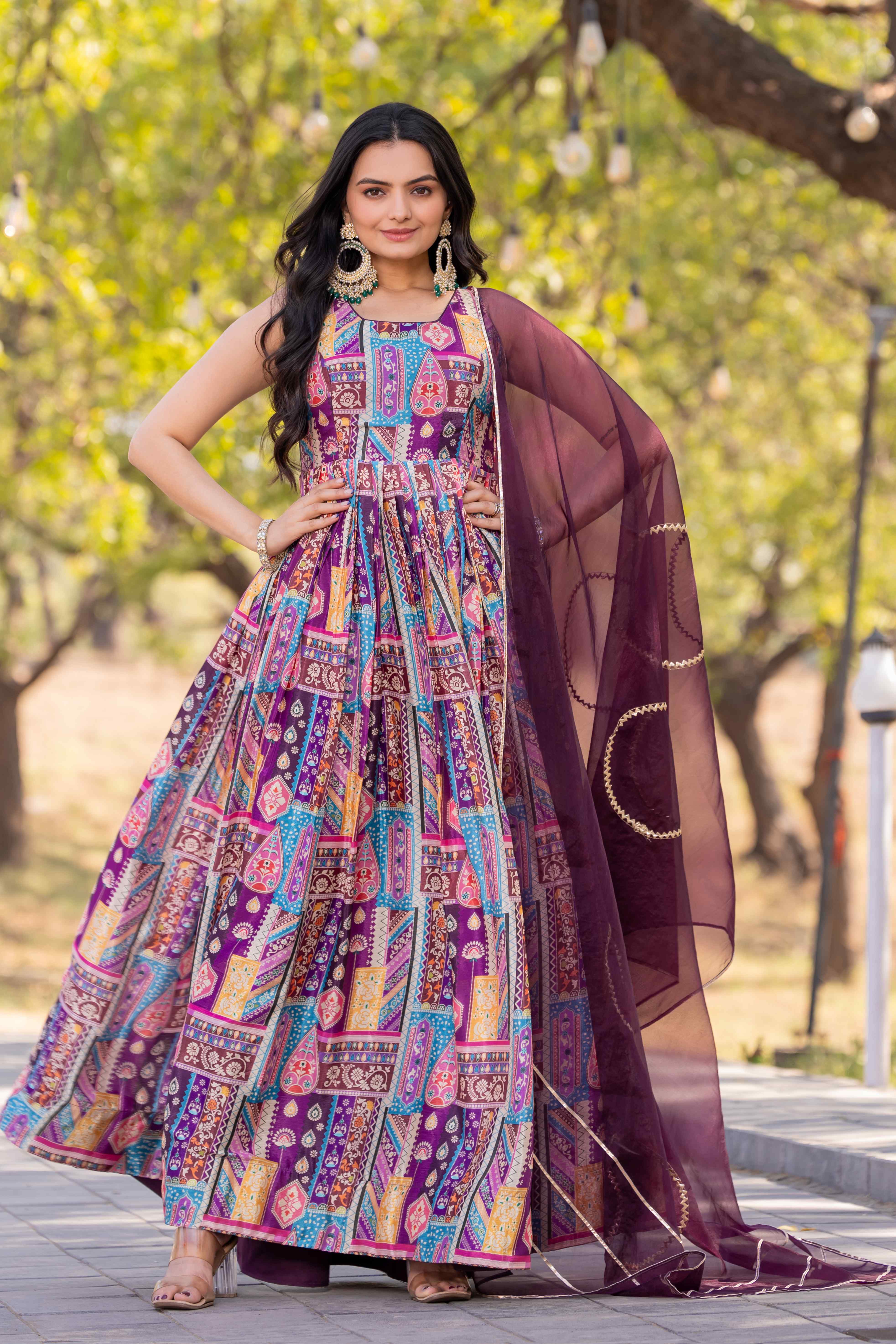 WOMEN'S COLOURFUL PRINTED FLARED DRESS WITH ORGANZA DUPATTA SET