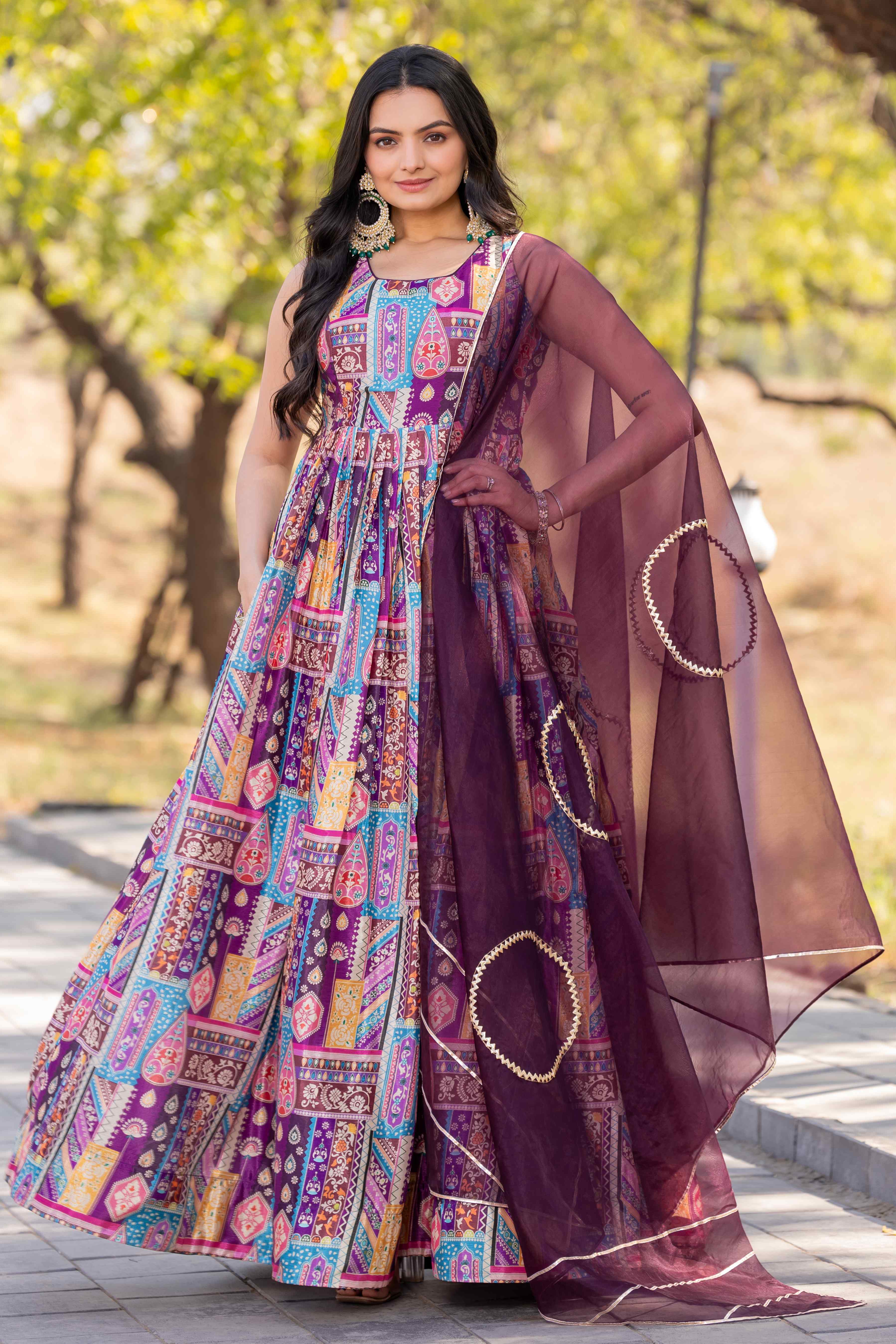 WOMEN'S COLOURFUL PRINTED FLARED DRESS WITH ORGANZA DUPATTA SET